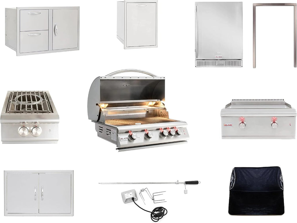 BLAZE BBQ Outdoor Gas Grill Package of 32' LTE Built-in Gas Grill, LTE Gas Griddle, LTE Gas Power Burner, 32' Door & Two Drawers Combo, Trash Drawer, Double Access Door, Refrigerator, and Accessories