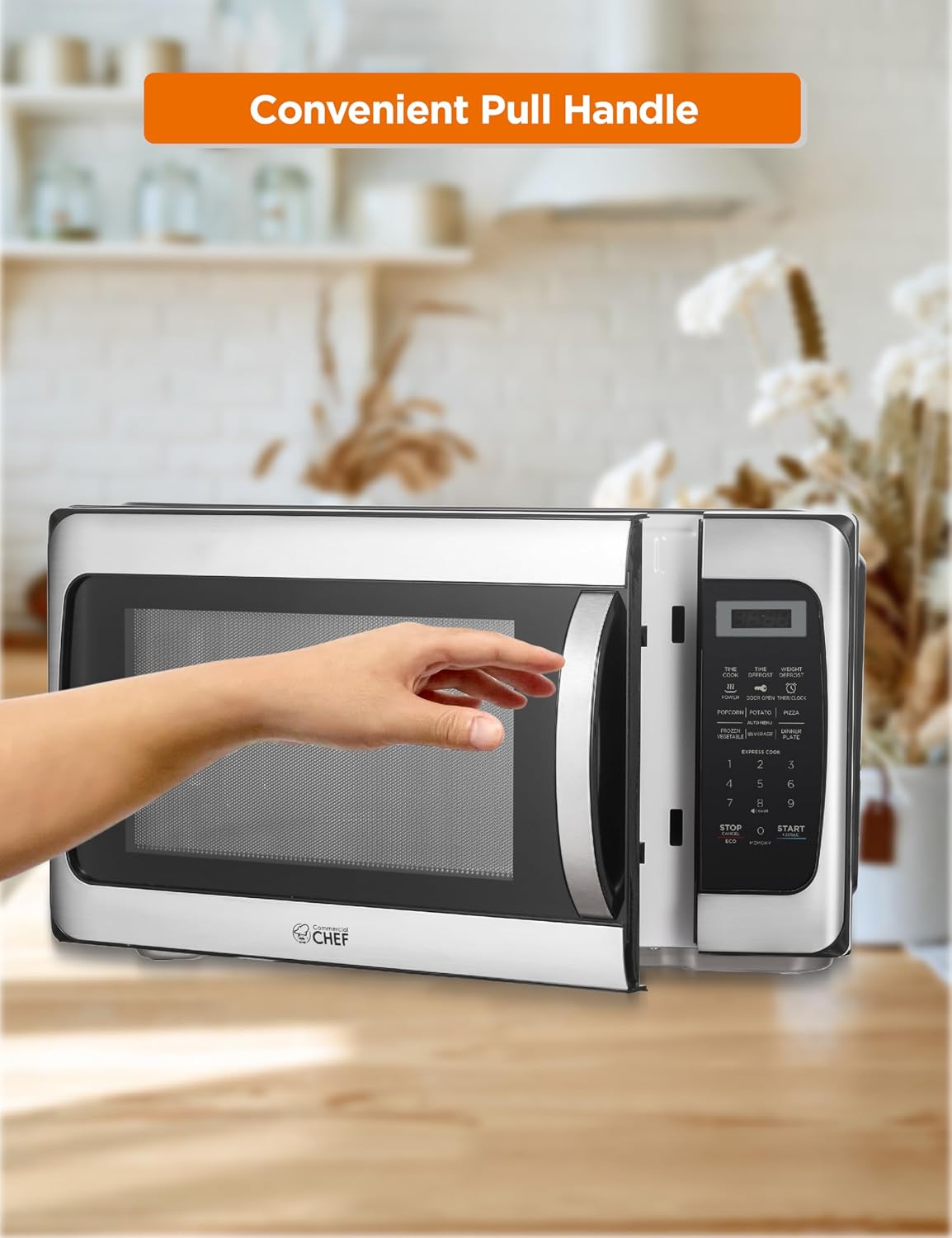 COMMERCIAL CHEF 1.1 Cu Ft Microwave with 10 Power Levels, Microwave 1000W with Push Button Door Lock, Countertop Microwave with Turntable and Digital Controls, Stainless Steel