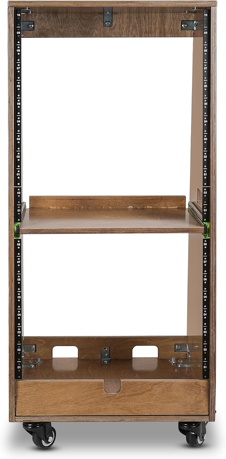 Sound Town DIY Slanted 20U Studio Rack (12U Top + 8U Lower), with 2U Bottom Storage, Slide-Out Tray, Caster, Plywood, Weathered Brown for Recording Room, Home Studio (SDRK-ST20TB)