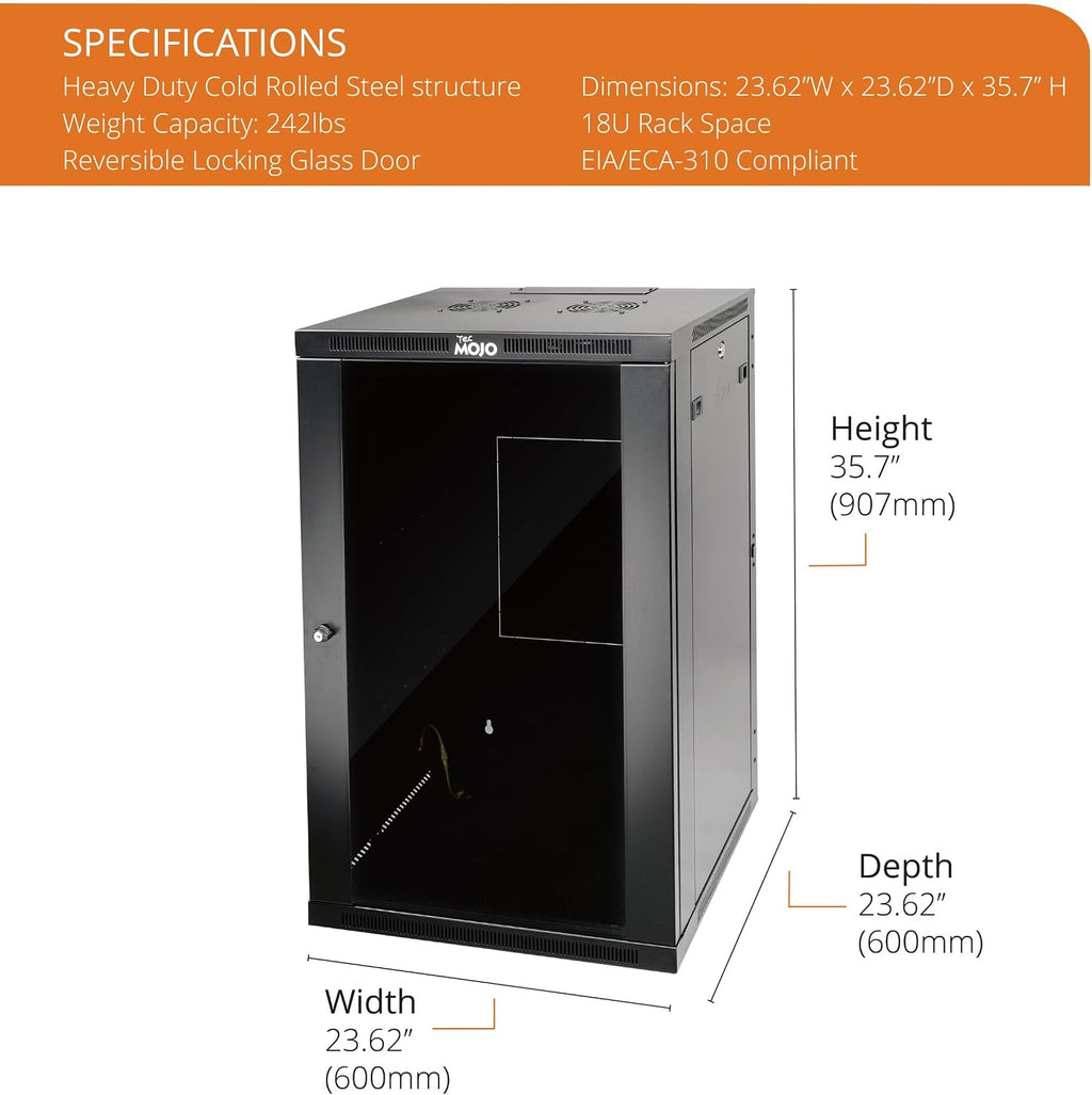 Tecmojo 18U Wall Mount Rack,18U Rack 23.6 Inch Depth,Hold Up to 176 Lbs,Enclosed Wall Mount Rack Kit for 19 Inch Network,Server and AV Gear,Glass Door(Elite Collection)