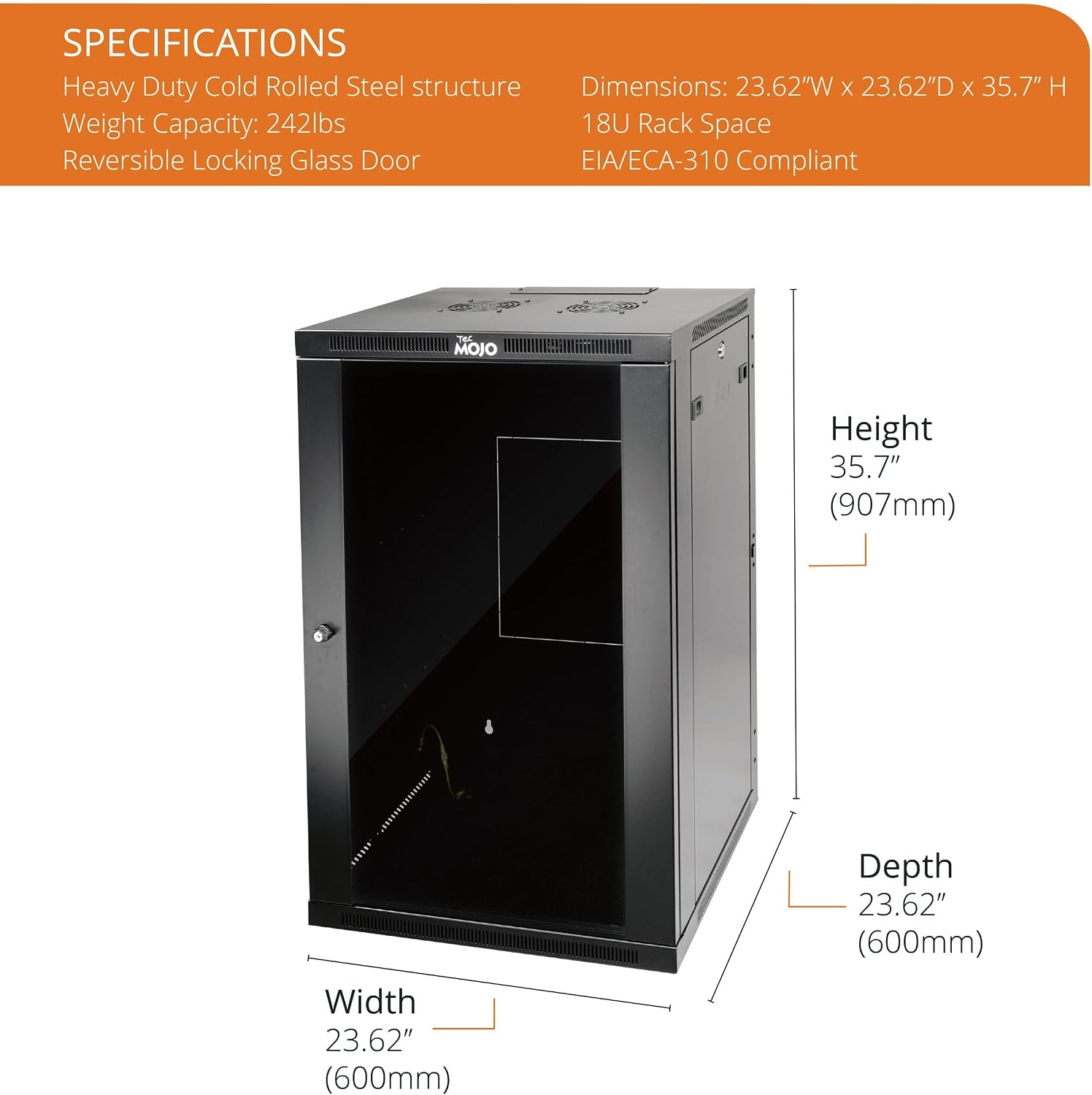 Tecmojo 18U Wall Mount Rack,18U Rack 23.6 Inch Depth,Hold Up to 176 Lbs,Enclosed Wall Mount Rack Kit for 19 Inch Network,Server and AV Gear,Glass Door(Elite Collection)