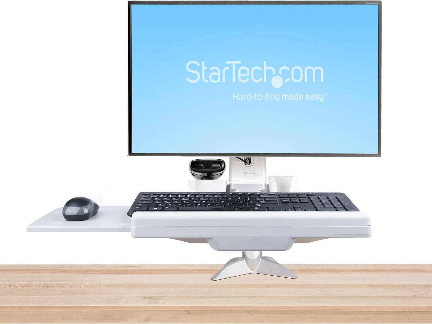 StarTech.com Sit-Stand Monitor Arm with Keyboard Tray - Adjustable Desk Mount Sit-Stand Workstation Arm for Single 27' VESA Display - Ergonomic Articulating Standing Desk Converter, TAA