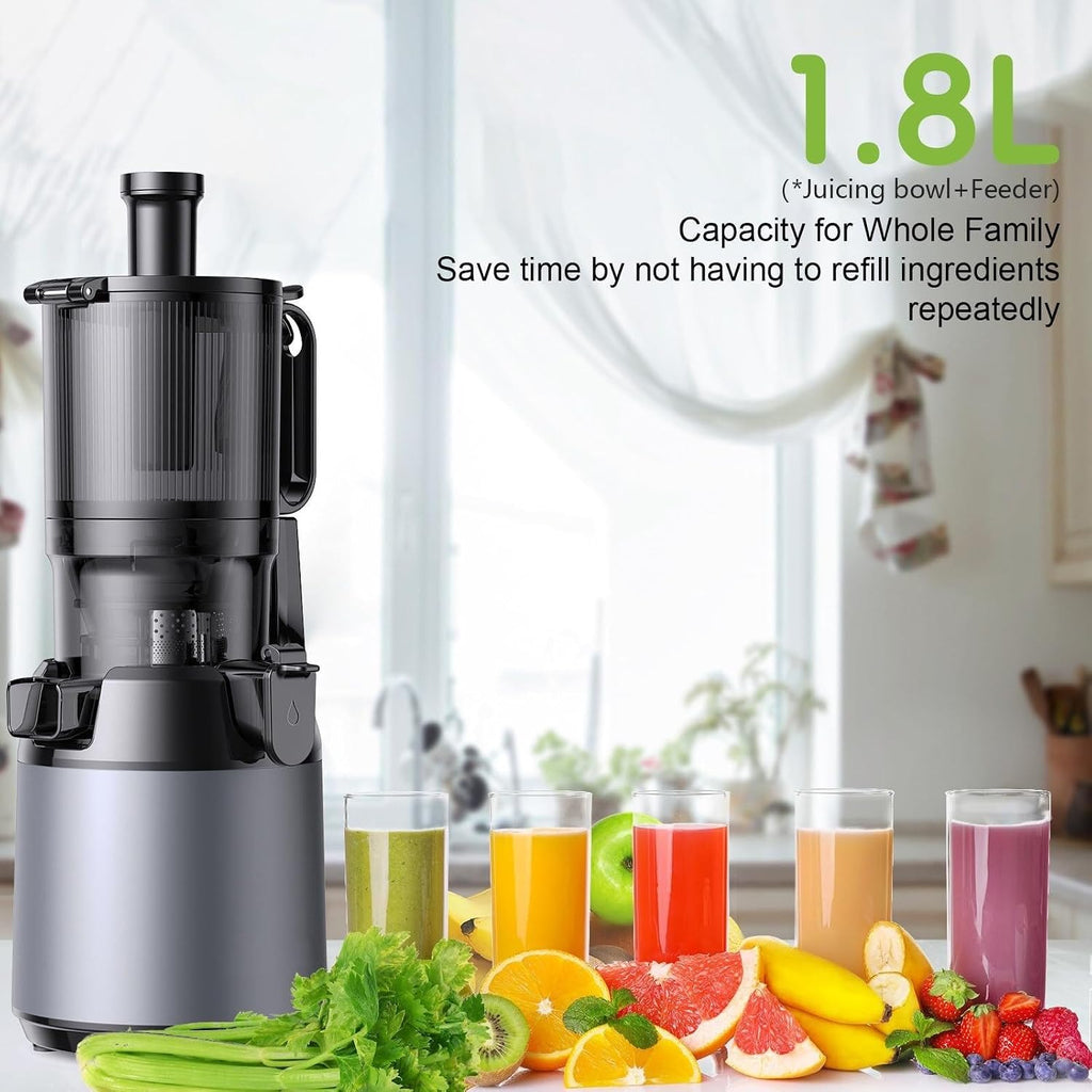 Masticating Juicer with 130mm Feed Chute, 250W Cold Press Juicer, 1.6L Capacity, Slow Juicer for Whole Fruits & Vegetables, Easy to Clean, Grey