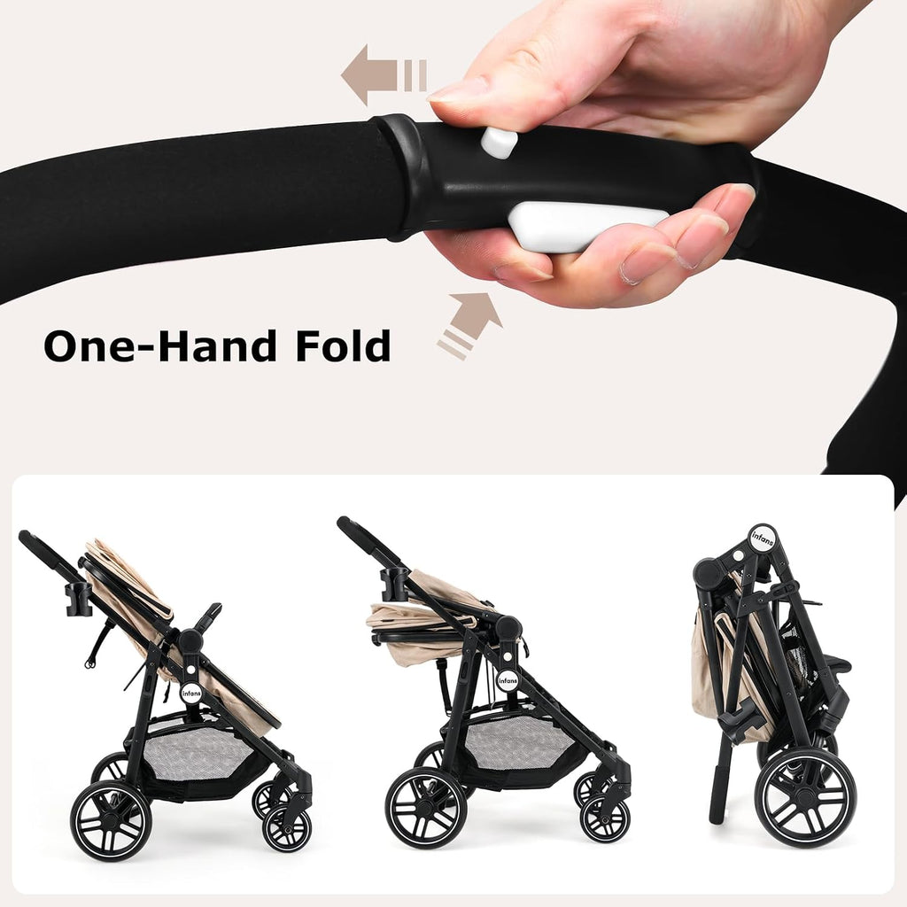 INFANS 2 in 1 Baby Stroller, High Landscape Infant Stroller & Reversible Bassinet Pram, Foldable Pushchair with Adjustable Canopy, Cup Holder, Storage Basket, Suspension Wheels (Khaki)