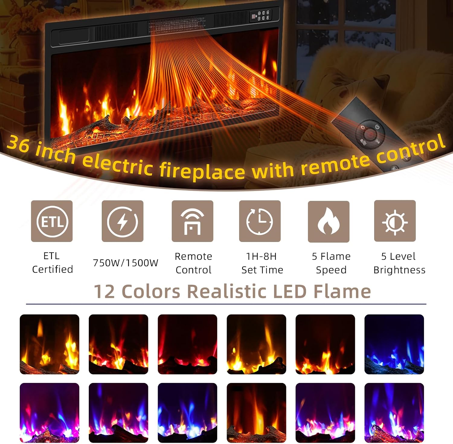 EAG 70' Electric Fireplace TV Stand with 36 inch Fireplace Up to 80' TVs, Entertainment Center with with Storage Cabinet & LED Lights, Modern Media Console for Living Room, White