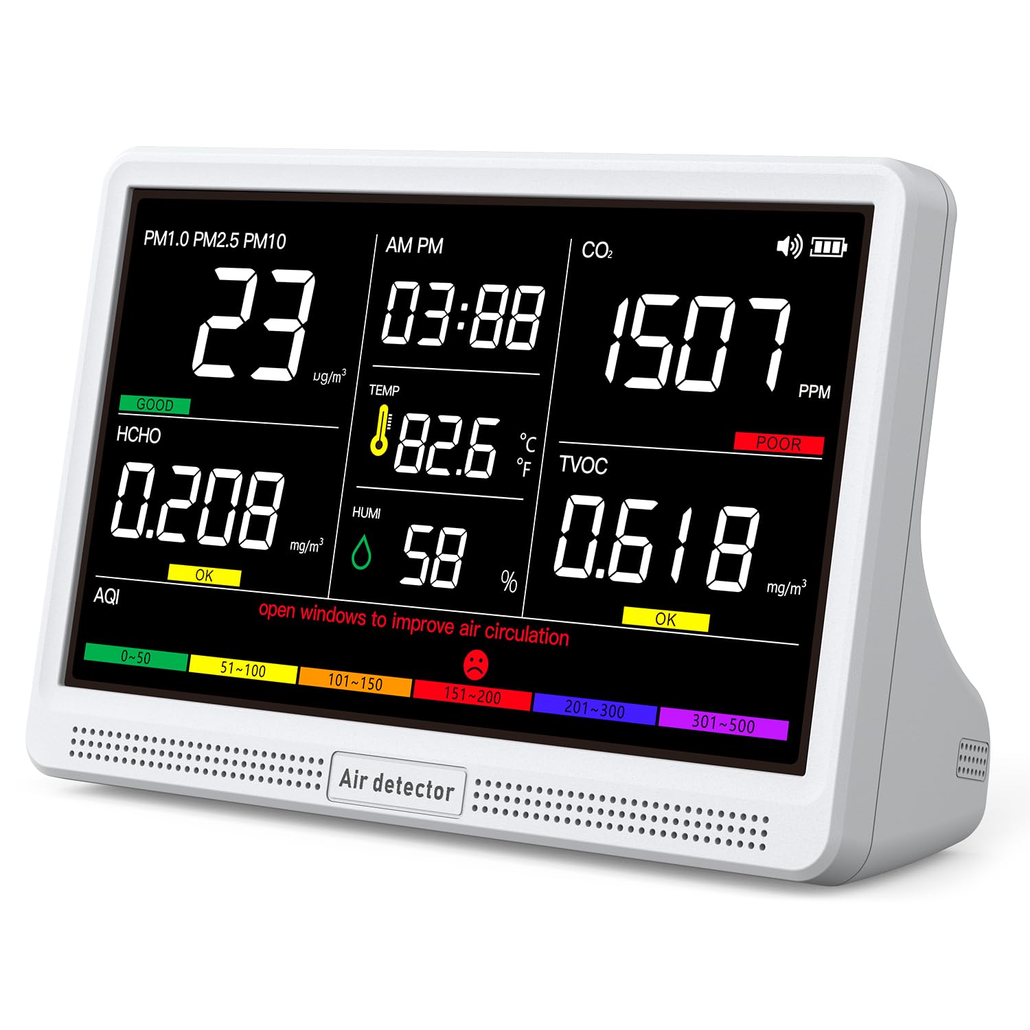 Upgrade Extended 12-Hour Battery Life 16 in 1 Air Quality Monitor Indoor with 7' Display, Professional Air Quality Meter for CO2, TVOC, PM2.5, PM1.0, PM10, HCHO, Temperature, Humidity, AQI & Time