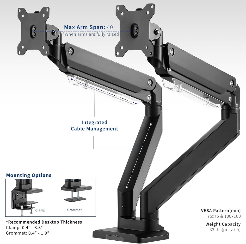 VIVO Premium Aluminum Heavy Duty Arms, Fits 2 Ultrawide Monitors up to 38 inches, Widescreen Dual Monitor Desk Mount with Instant Pneumatic Spring Height Adjustment VESA Stand, STAND-V102G2
