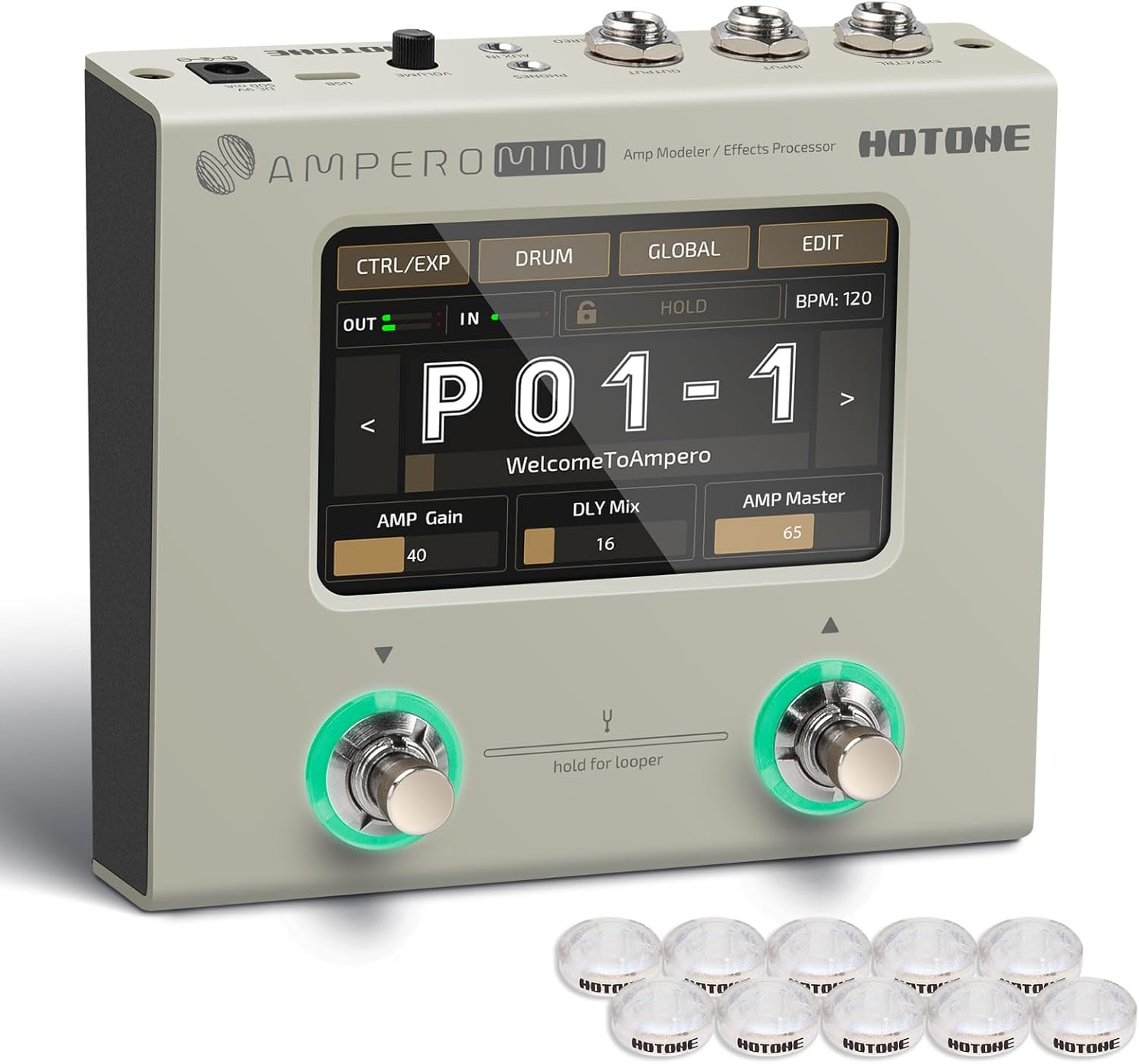 HOTONE Multi Effects Processor Pedal Guitar Bass Amp Modeling IR Cabinets Simulation Multi LanguageStereo OTG USB Audio Interface Ampero Mini MP-50 (Include 10 PCS Additional Footswitch Toppers)