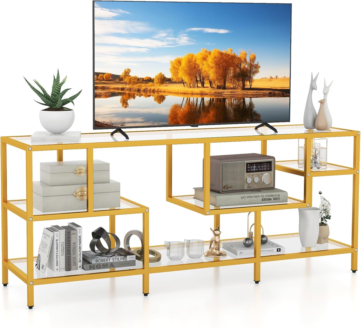Tangkula Gold TV Stand for TVs up to 65', 58' TV Console Table with Tempered Glass Shelves & Golden Metal Frame, Modern Media Entertainment Center for Living Room & Entryway, Gold (58', Rectangular)