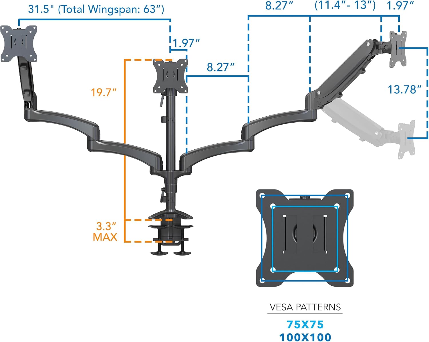 Mount-It! Triple Monitor Mount Desk Stand, 3 Monitor Desk Mount with Gas Spring Arms, Fits 13–32 Inch Screens up to 17.6 lbs per Arm, VESA 75x75 & 100x100, Clamp-On Installation, Black