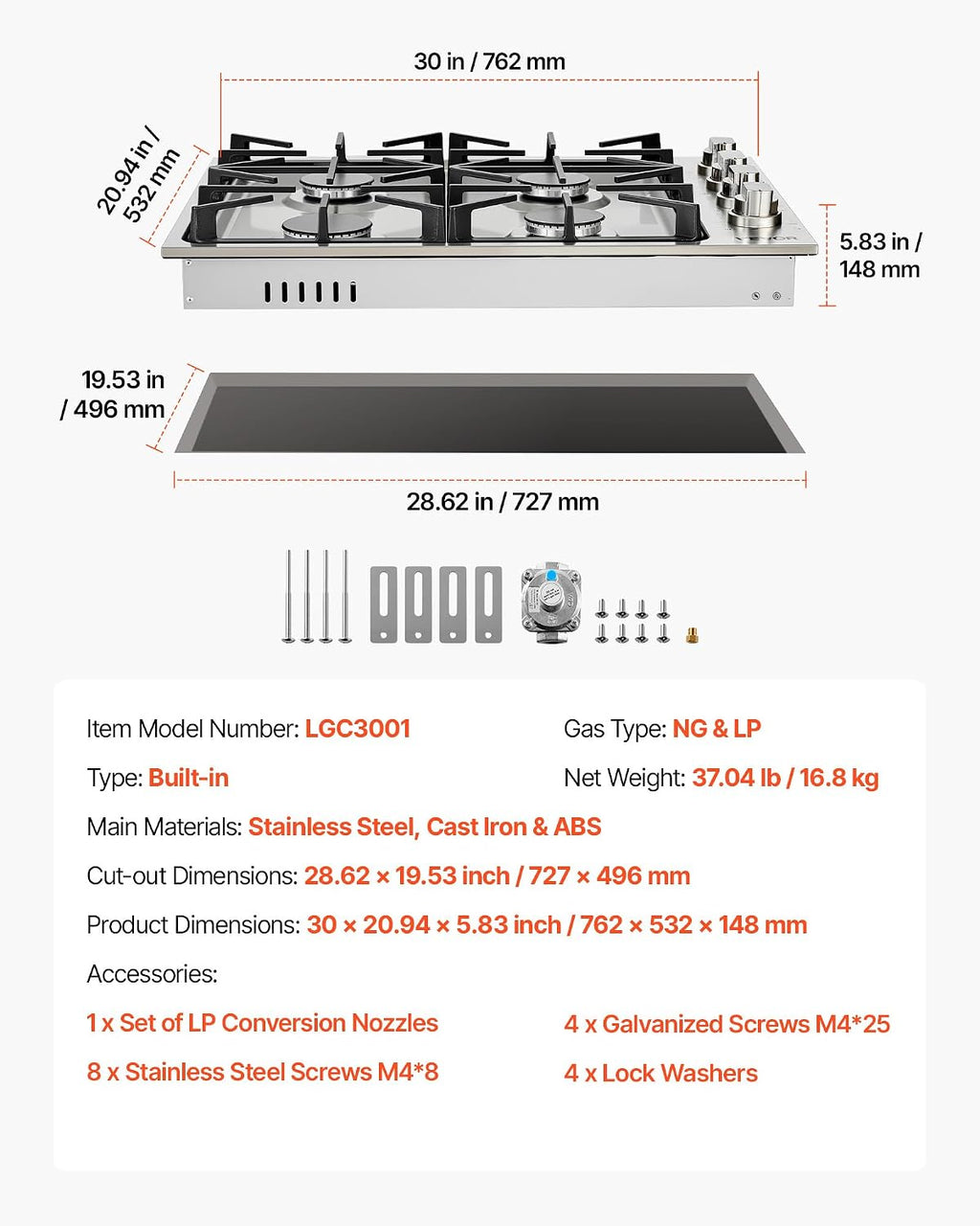 VEVOR Gas Cooktop, 30 inch 4 Burners Gas Stove Top, Max 48000BTU Built-in Stainless Steel Stove Top LPG/NG Convertible Dual Fuel Cooktop Stoves with Sealed Burner for Sear, Stew, Boil, Stir-Fry