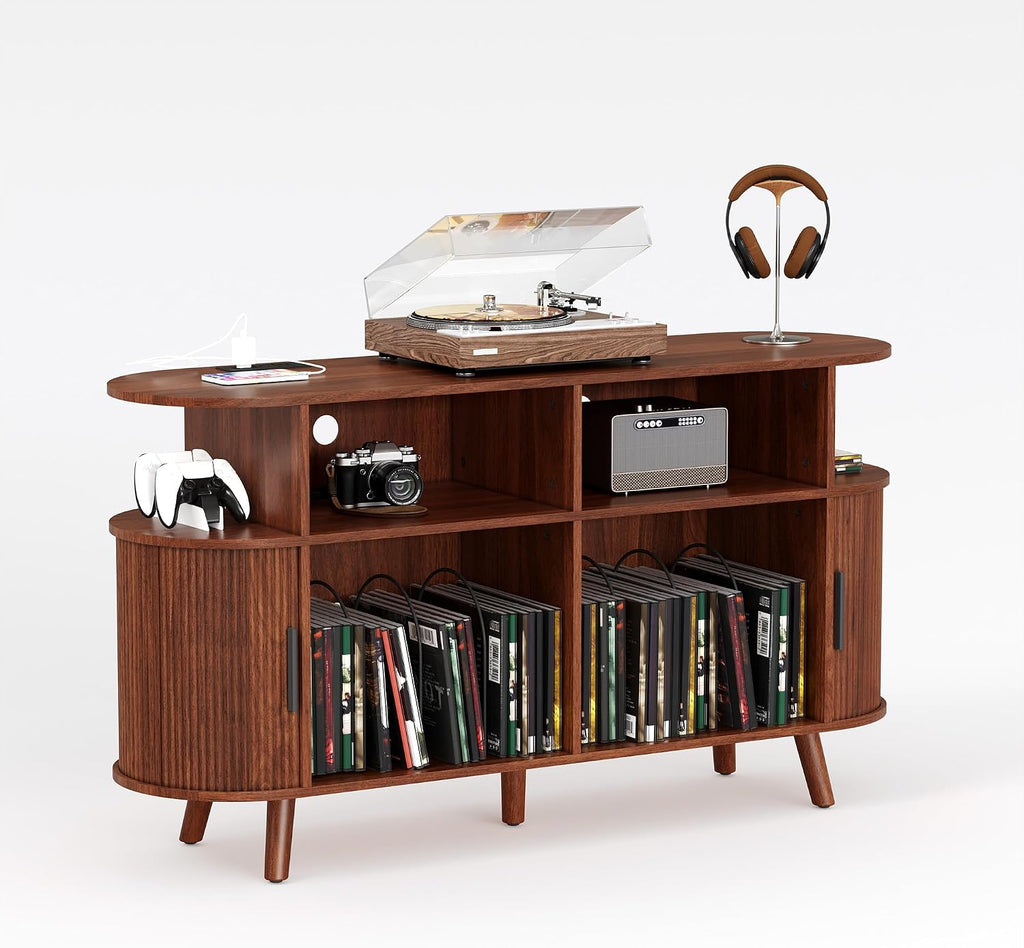 Garvee 55'' Fluted Mid Century Modern Turntable Cabinet with Vinyl Storage, Large Round Record Player Stand with Charging Station and Display Shelf, Arched Wood Record Player Table for Living Room