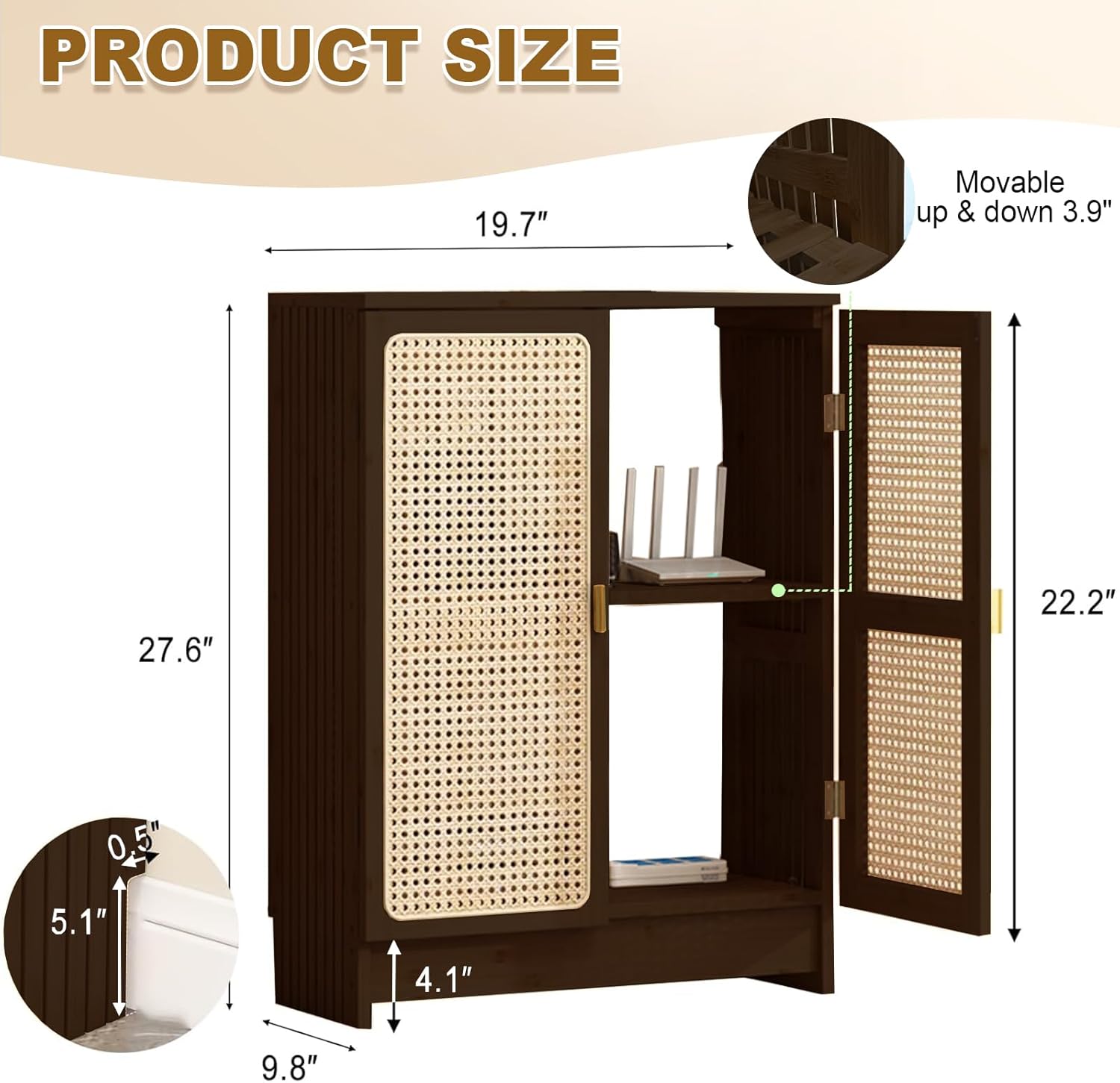 Jueraori WiFi Router Storage Cabinet, Bamboo Router Cabinet with Adjustable Shelves, Multimedia Audio Rack with Doors, 2 Layer Standing Cabinets for Home and Office