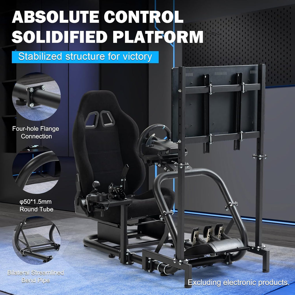 Anman Pro Adjustable Sim Racing Simulator Cockpit Black Seat with Display TV Monitor Stand Fits for Logitech G27 G920 G29 G25,for Thrustmaster T300RS TX, for Fanatec,Wheel Pedals Not Included
