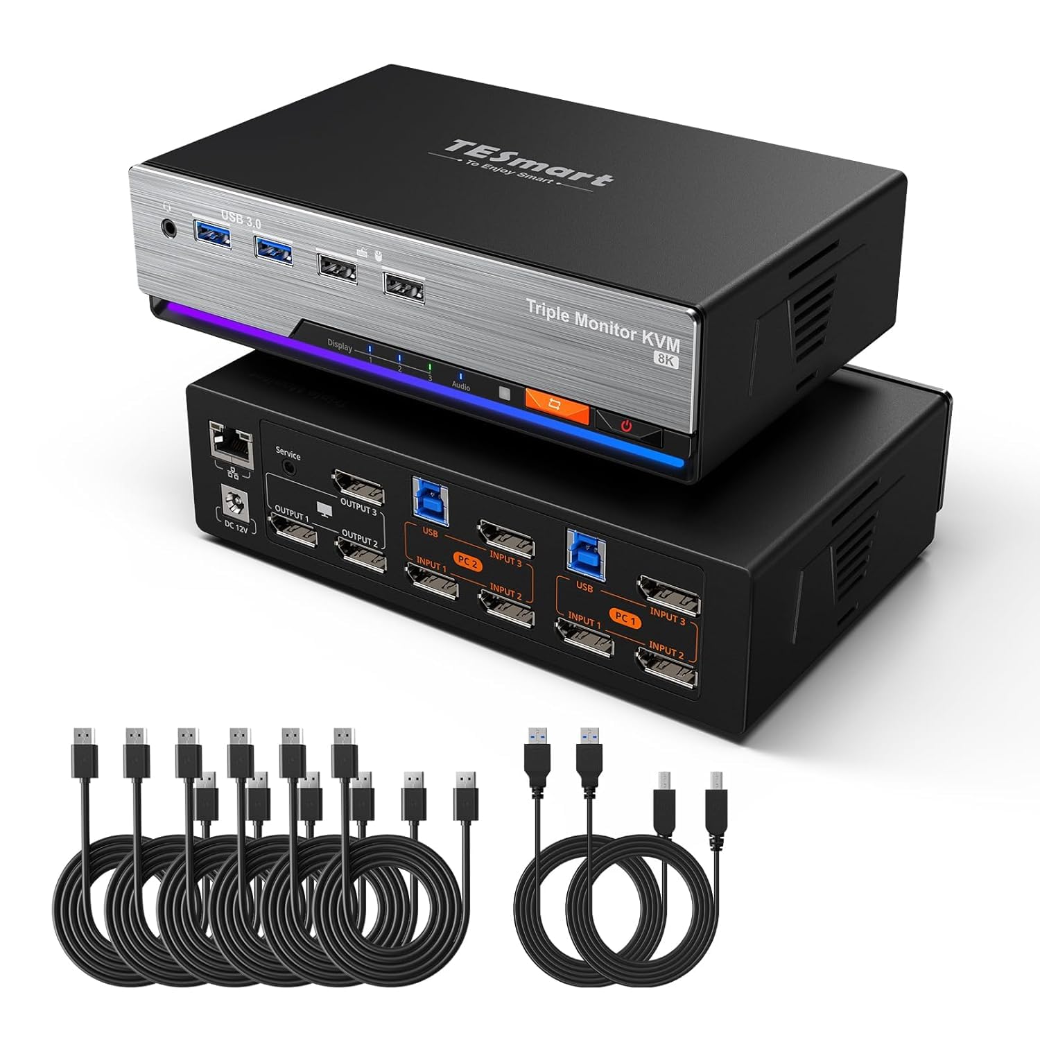 TESmart DP KVM Switch 3 Monitors 2 Computers 8K@60Hz,USB 3.0 KVM Switch Triple Monitor 2 Computers DisplayPort 1.4, EDID, 1G Ethernet, Hotkey Switch, 4K@144Hz for Gaming&Home Office