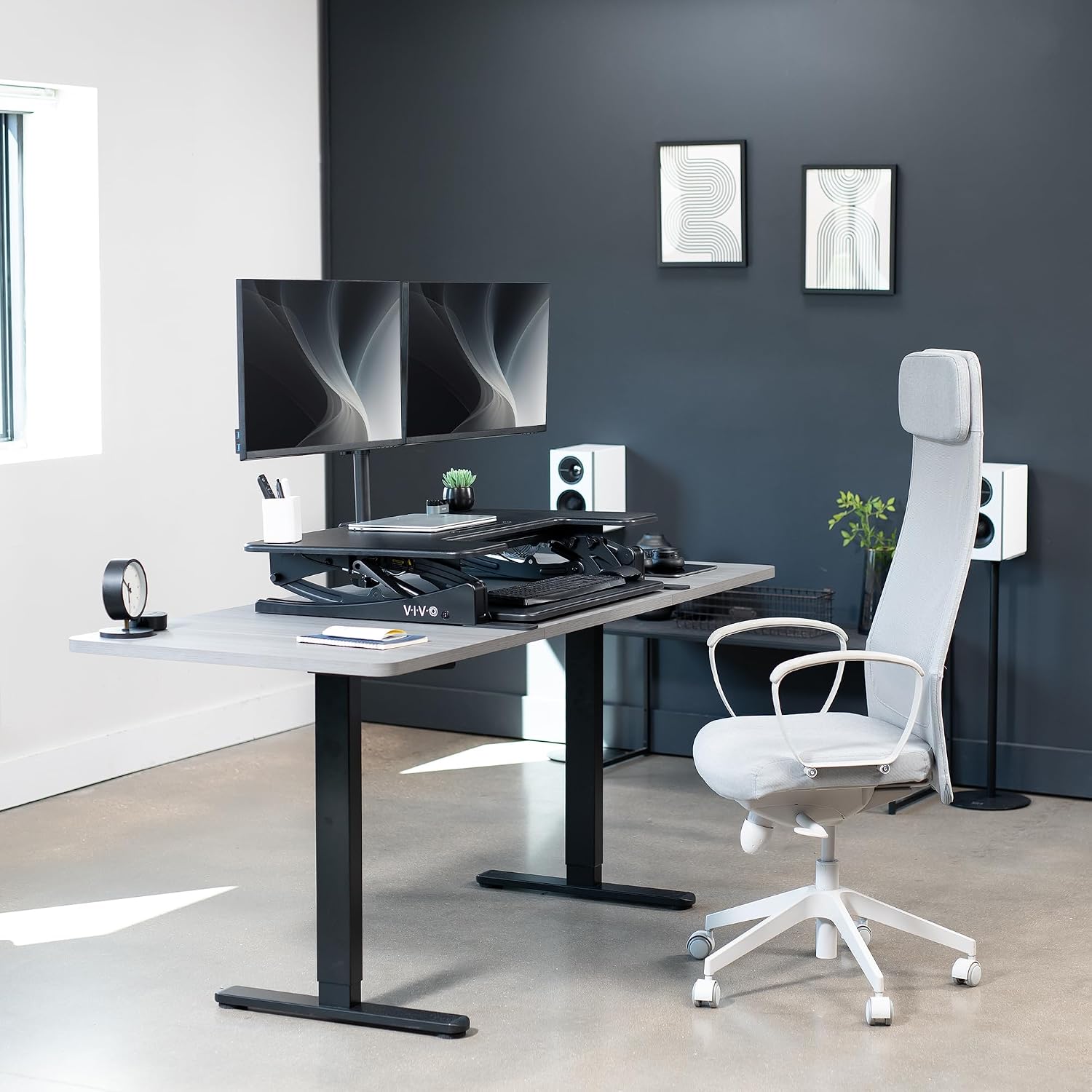 VIVO 36 inch Standing Desk Converter with Dual Monitor Mount Arms for up to 30 inch Screens, Height Adjustable Desk Riser, Black, DESK-KIT-0V02