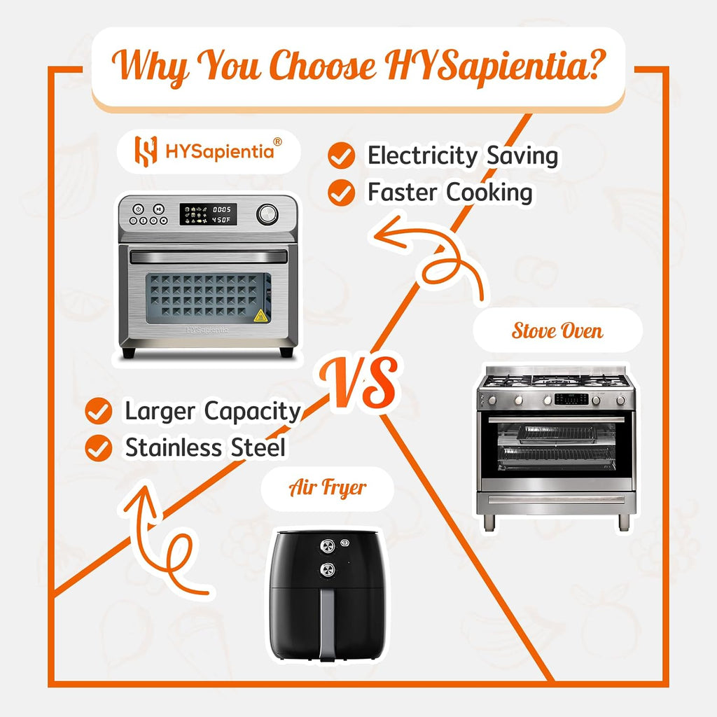 HYSapientia® 26QT Stainless Steel Air Fryer Oven, Large Capacity 10-in-1 with Rotisserie, Full Accessory Set, 1800W