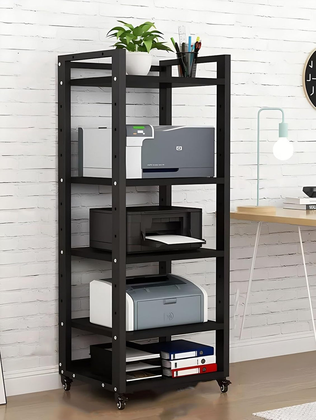 Heavy-Duty 5-Tier Audio Equipment Stand with Wheels, Mobile Media Storage Shelf for Home Theater Organization, Black, Durable and Stylish Design