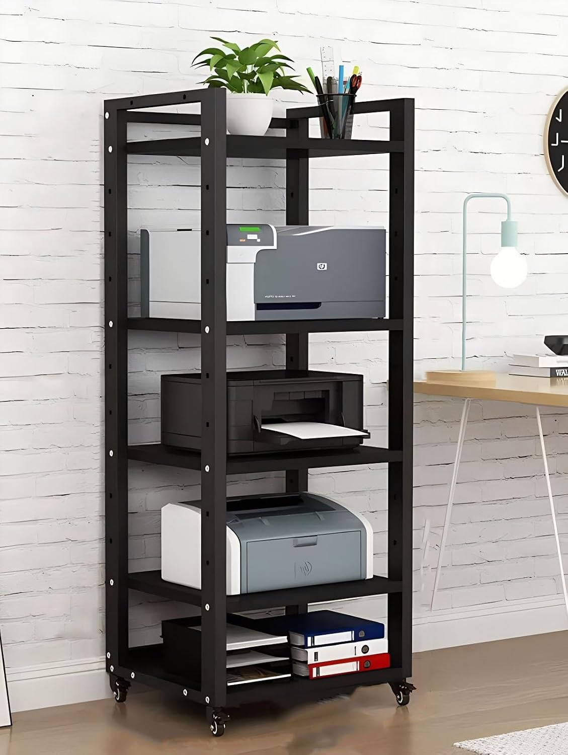 Heavy-Duty 5-Tier Audio Equipment Stand with Wheels, Mobile Media Storage Shelf for Home Theater Organization, Black, Durable and Stylish Design