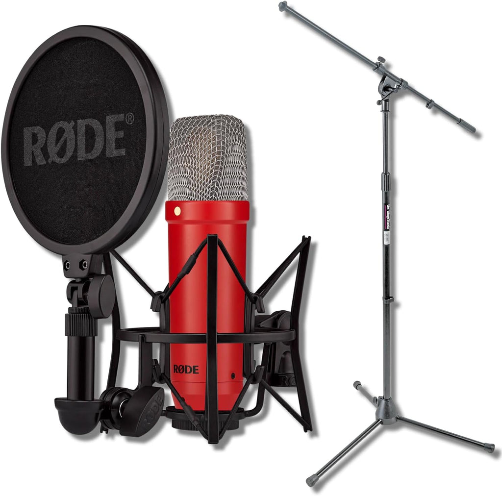 Rode NT1 Signature Series - Red Condenser Microphone with SM6 Shockmount, Tripod Base Microphone Stand and Pop Filter