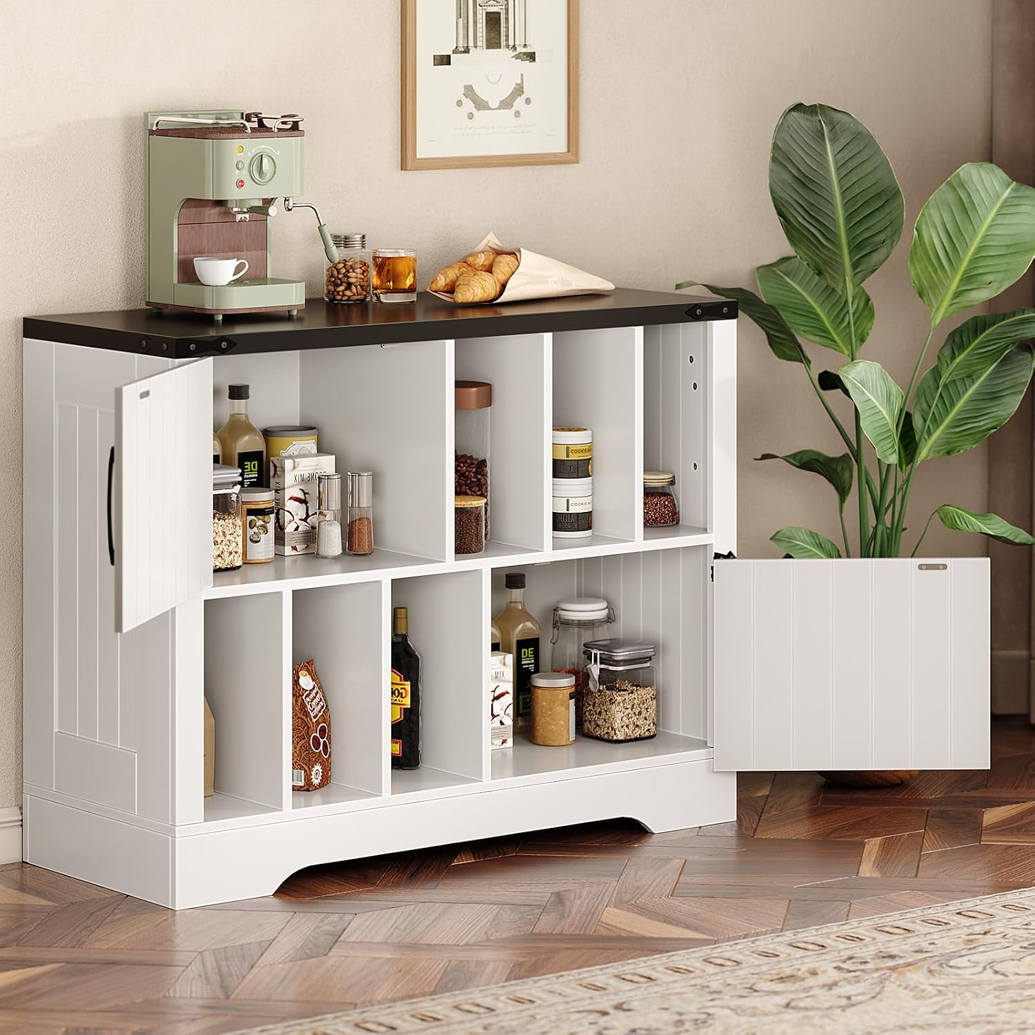 GarveeHome 39in Large Vinyl Record Storage, Farmhouse Wood Turntable Record Player Stand with Storage Cabinet and 2 Barn Doors for Living Room Bedroom, White