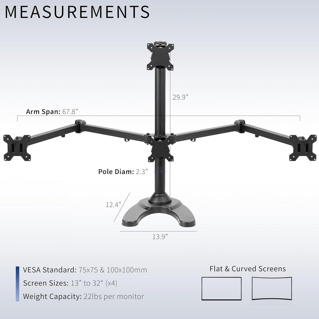 VIVO Quad Monitor 13 to 32 inch LED LCD Freestanding Desk Stand, 3 Plus 1 Articulating VESA Computer Mount, Holds 4 Screens, Fully Adjustable for Home Office Workstation, Black, STAND-V104F