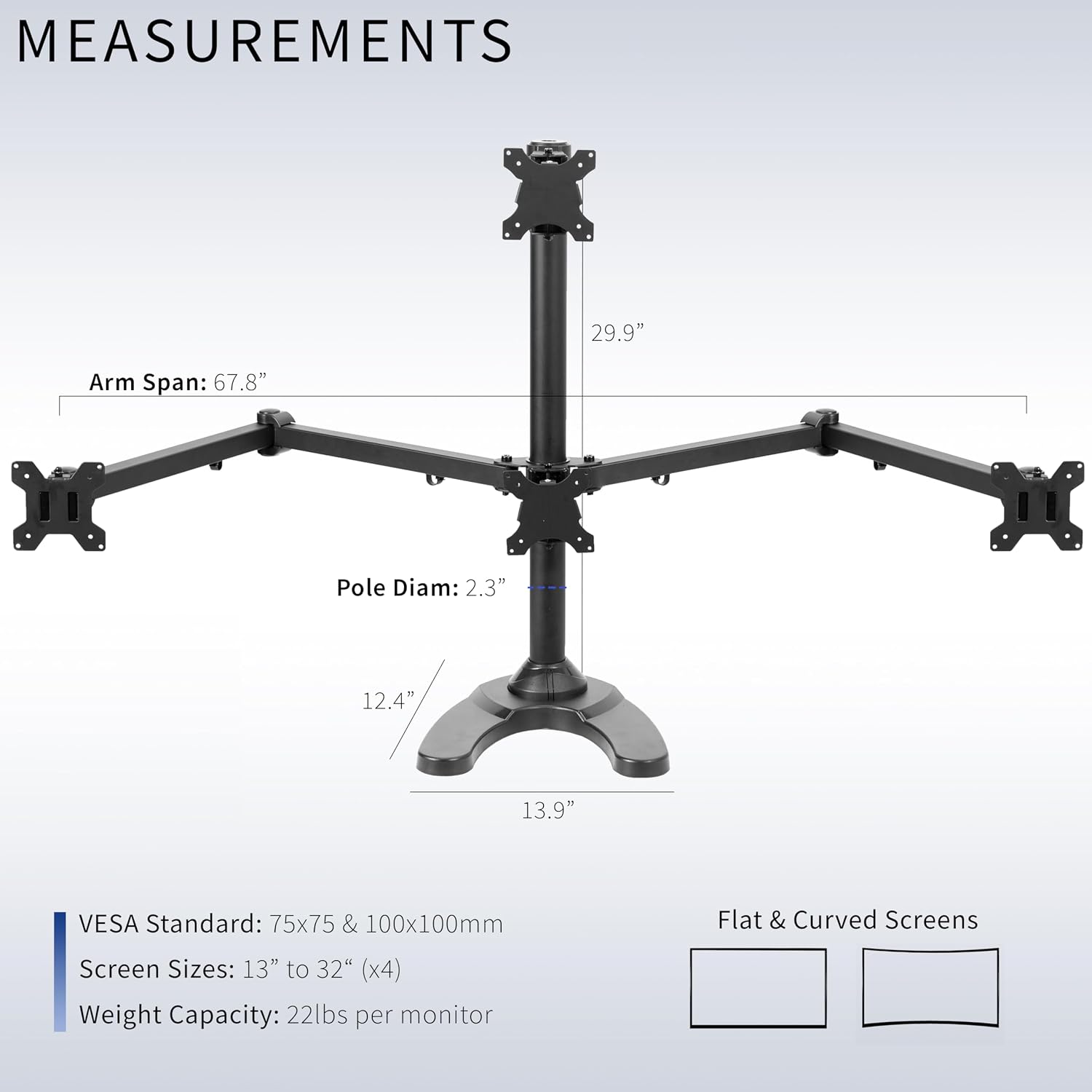 VIVO Quad Monitor 13 to 32 inch LED LCD Freestanding Desk Stand, 3 Plus 1 Articulating VESA Computer Mount, Holds 4 Screens, Fully Adjustable for Home Office Workstation, Black, STAND-V104F