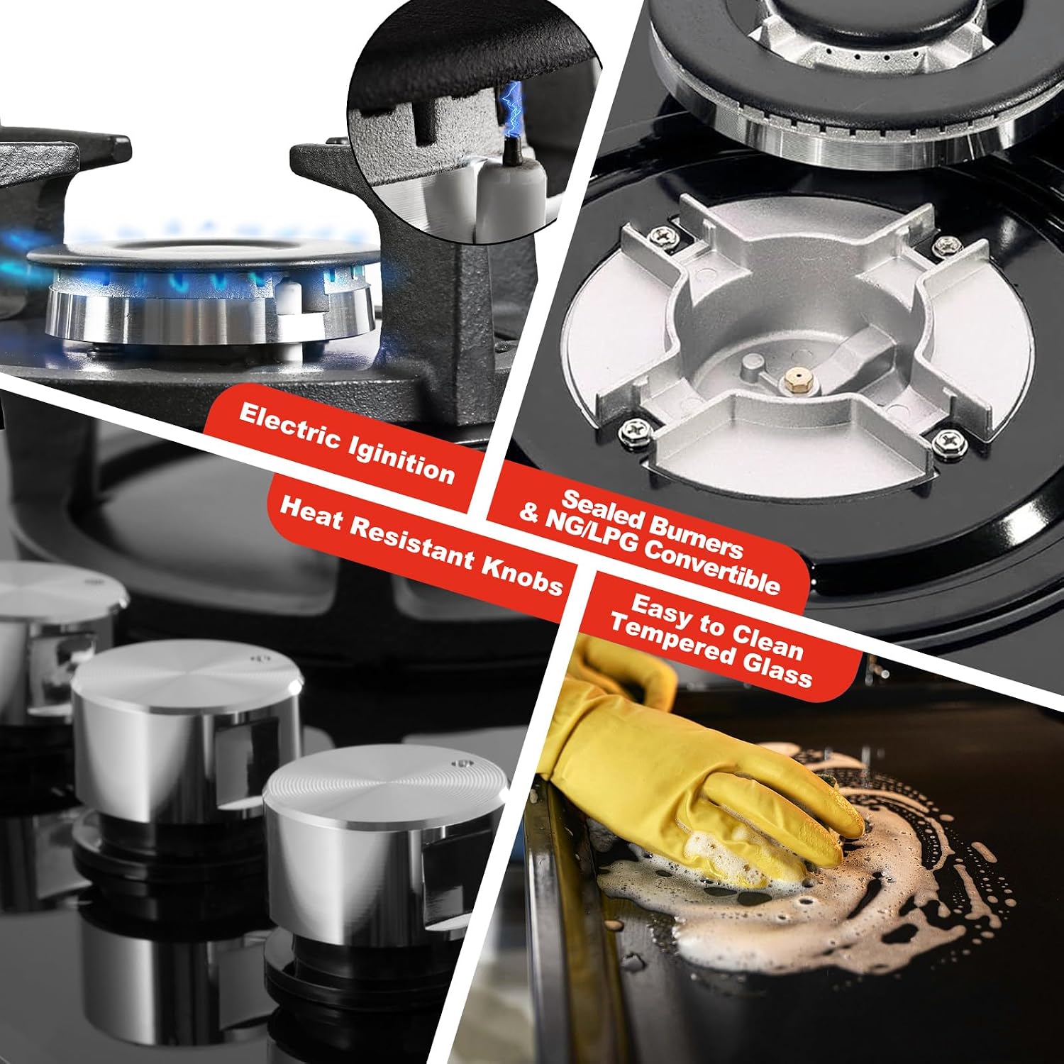 5 Burners Gas Stove 30inch, Built-in Kitchen Gas Stovetop with NG/LPG Conversion Kit, Glass Top Gas Burner (30in x 20.5in)