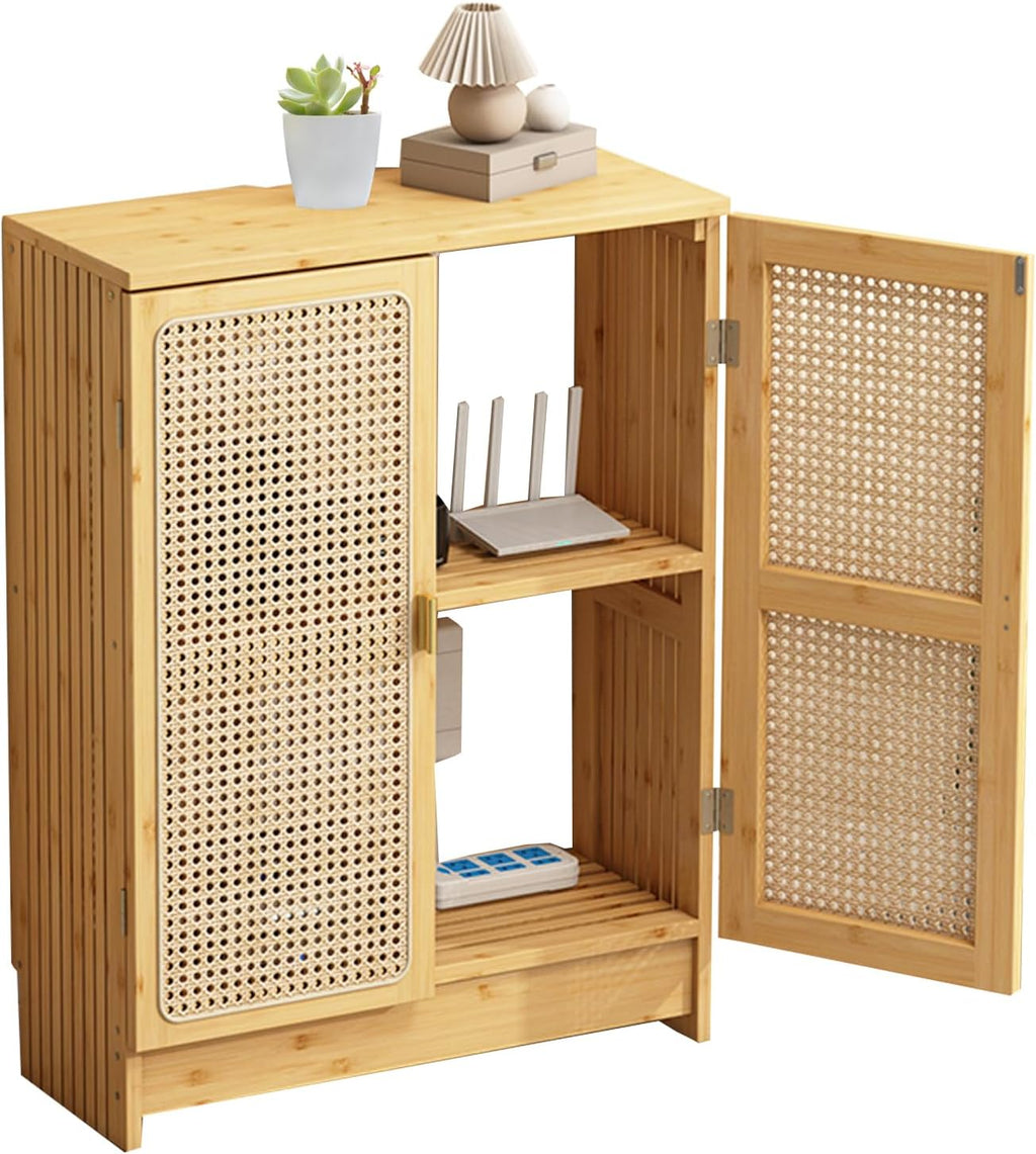 Jueraori WiFi Router Storage Cabinet with Adjustable Shelves, 2-Tier Bamboo Rattan Standing Modem Organizer Box for Home & Office, No Back Panel, 27.6' x 19.7' x 9.8'