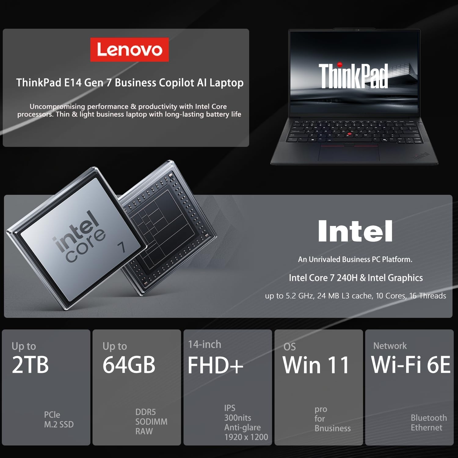 Lenovo ThinkPad E14 Gen 7 Business Laptop, 14' FHD+ Touchscreen, Intel Core 7 240H, 16GB DDR5, 1TB SSD, Fingerprint, Backlit, HDMI, 1080p Webcam, Wi-Fi 6E, Windows 11 Pro, Bundle w/ 7-in-1 USB-C Hub