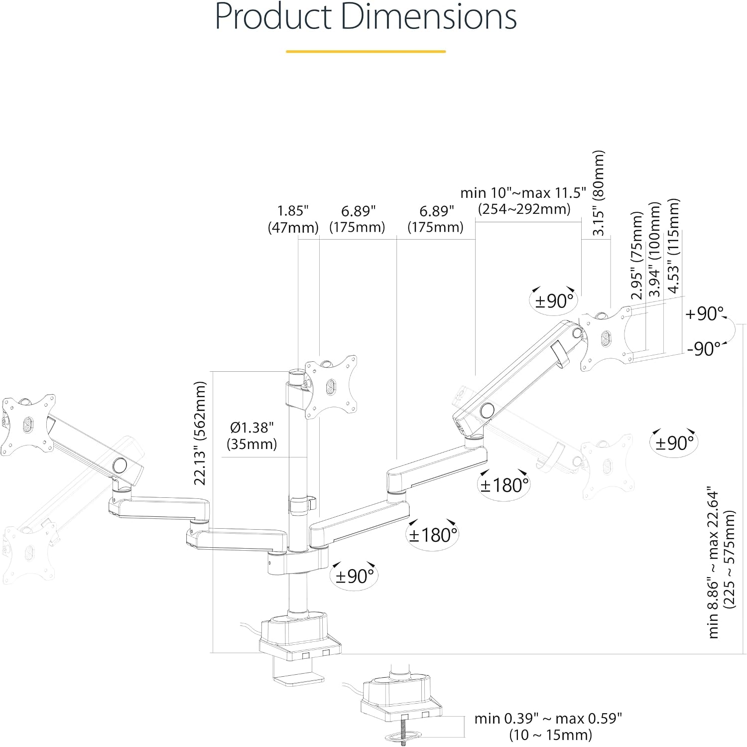 StarTech.com Desk Mount Triple Monitor Arm for Up to Three 27in Screens, VESA 75x75/100x100, Mechanical Spring Arm