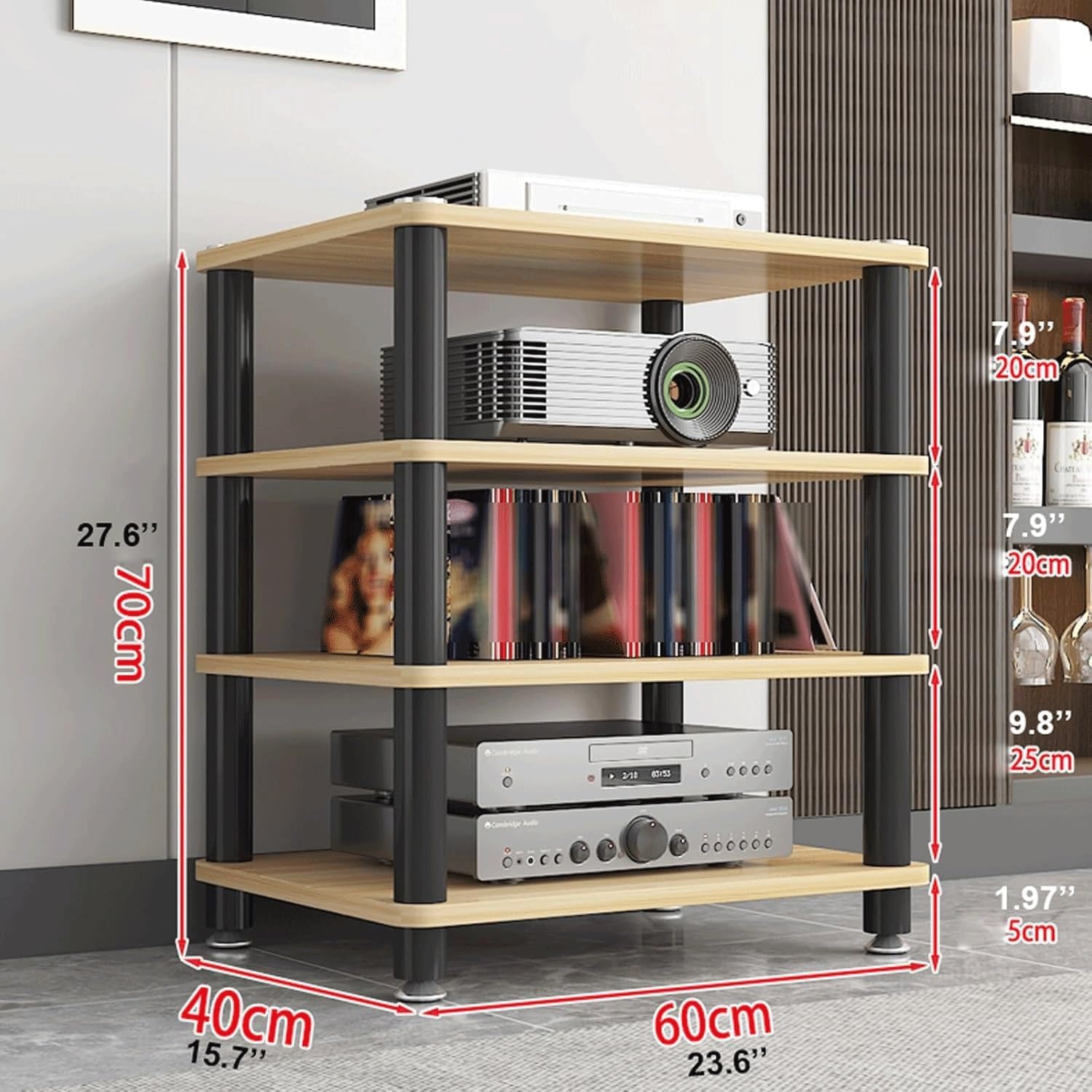 Audio Rack Wooden Stereo Rack Audio Equipment Rack Audio Open Rack Cabinet HiFi Rack Audio-Video Shelving Shock-Absorbing Feet(Nero,4 Tier)