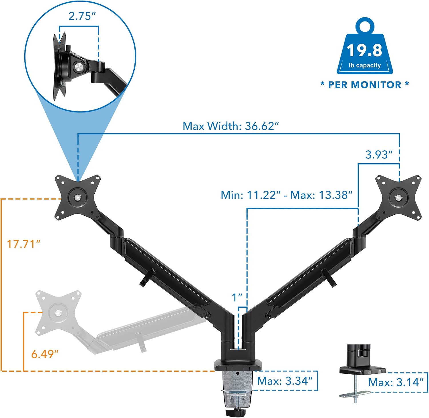 Mount-It! Dual Monitor Arm for 2 Monitors 17' to 32' Screens, Holds 19.8lbs per Arm, Height Adjustable, Tilt/Swivel/Rotate, Gas Spring System, Max VESA 100x100, C-Clamp & Grommet Base