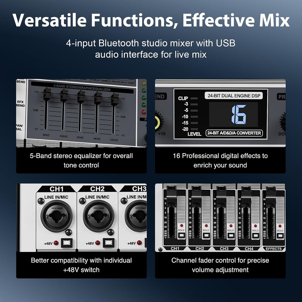 Professional Audio Mixer, Phenyx Pro Sound Console w/USB Audio Interface, 4-Channel Sound board DJ Mixer w/Stereo Equalizer, 16 DSP Effects, suitable for Stage, Live Gigs, and Karaoke (PTX-15)