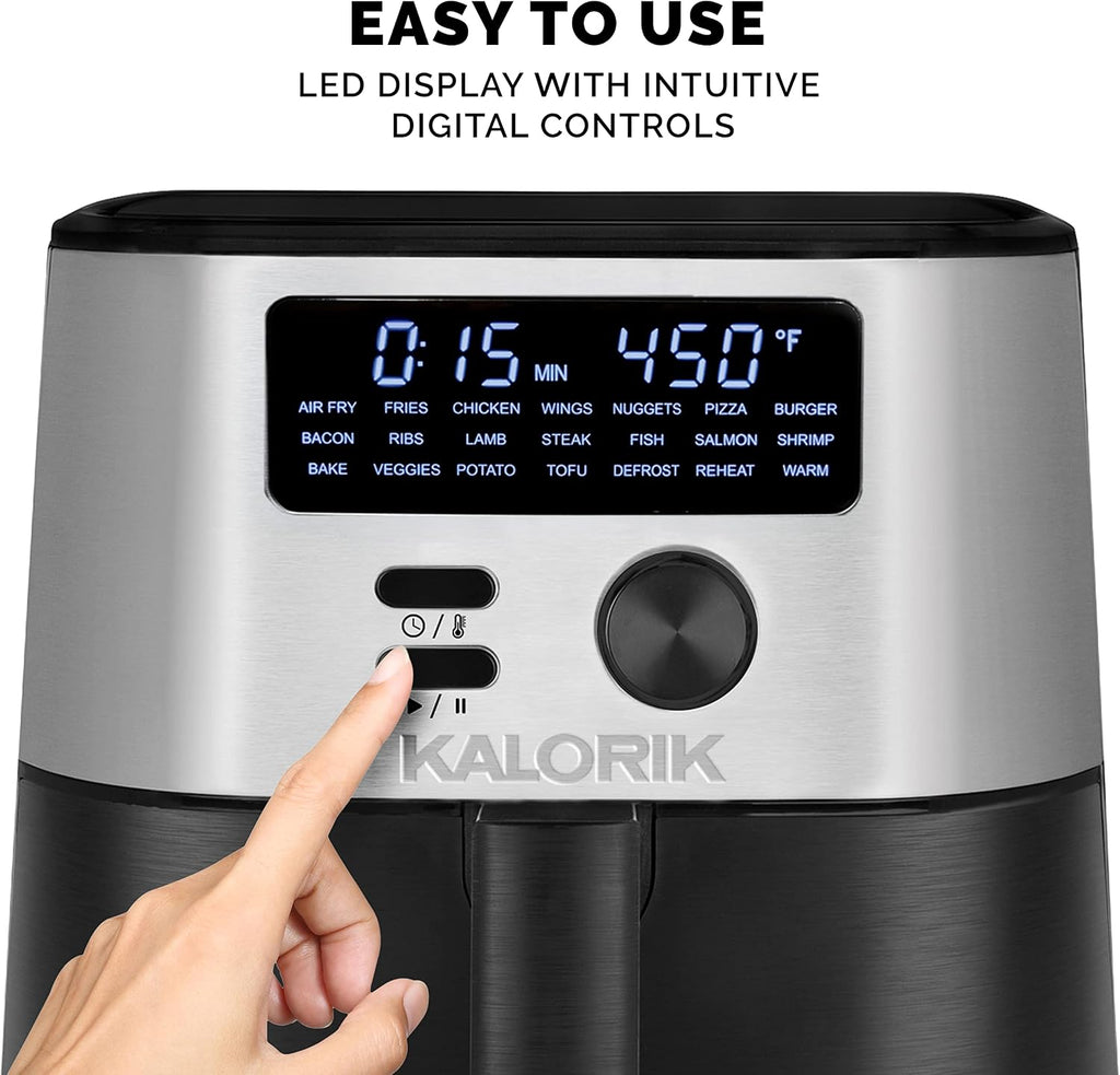 Kalorik MAXX® Digital 4-Quart 7-in-1 Air Fryer, LED Display, 21 Smart Presets, 4 Accessories, Recipe Book, 1600W, Stainless Steel, FT 50929 OW
