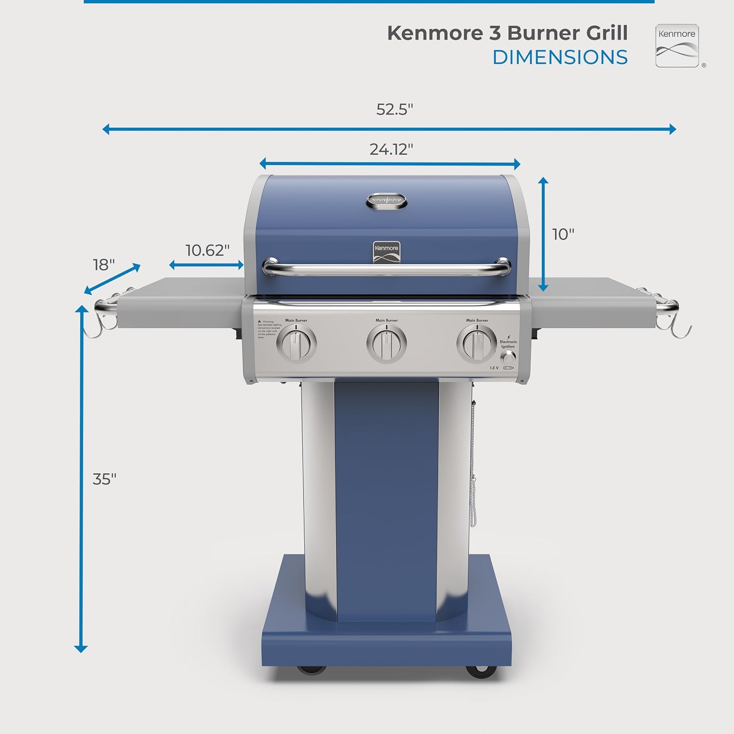 Kenmore 3-Burner Propane BBQ Grill, 30,000 BTUs Gas Grill with Cast Iron Cooking Grates, Folding Side Tables & Wheels, Outdoor Grill with Tool Hooks, Azure Blue