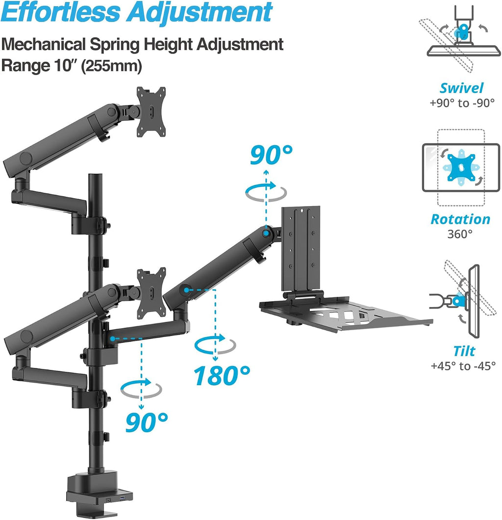 AVLT Laptop & Dual 40 Inch Stacking Monitor Arm Pole Top Mount with USB-C&A Ports-Black, Supports 26.4 lbs (12kg), Ultrawide Screen Fit, VESA Compatible, Multi-Screens, Ergonomic Workspace Upgrade