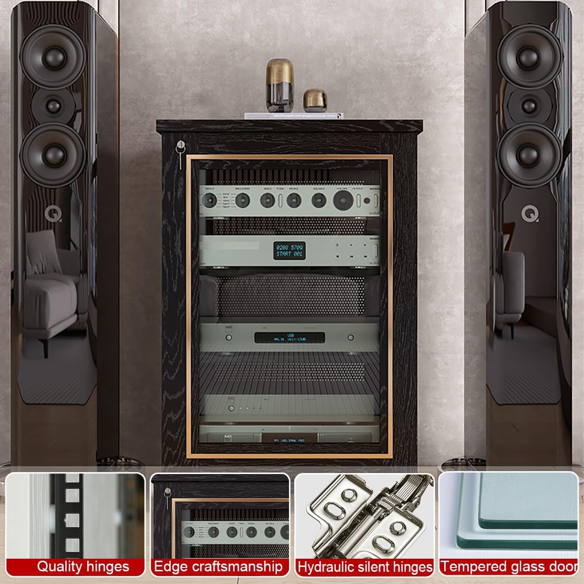 Stereo Cabinet, Stereo Racks And Stands With Storage Shelves, AV Component Media Stand, Wooden Storage Cabinet Entertainment Center Shelves Component, With Wheels Audio-Video Media Stand(Black+Gold,H6