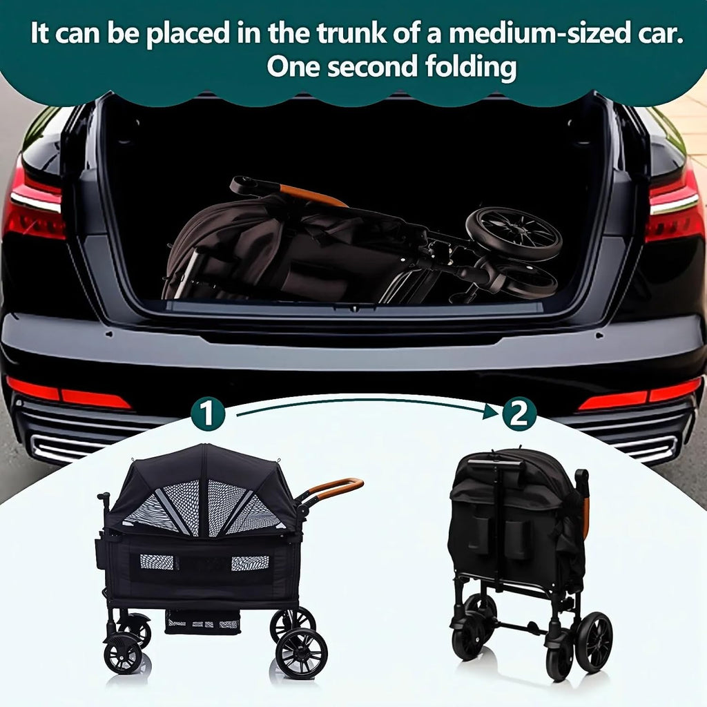 Luxury Wagon Stroller for 2 Kids & Cargo-Lightweight Foldable Travel Push Pull All-Terrain Double Wagon for Newborn&Toddler with 5-Point Harness,Adjustable Handle, Canopy,Tray Table,Cup Holder