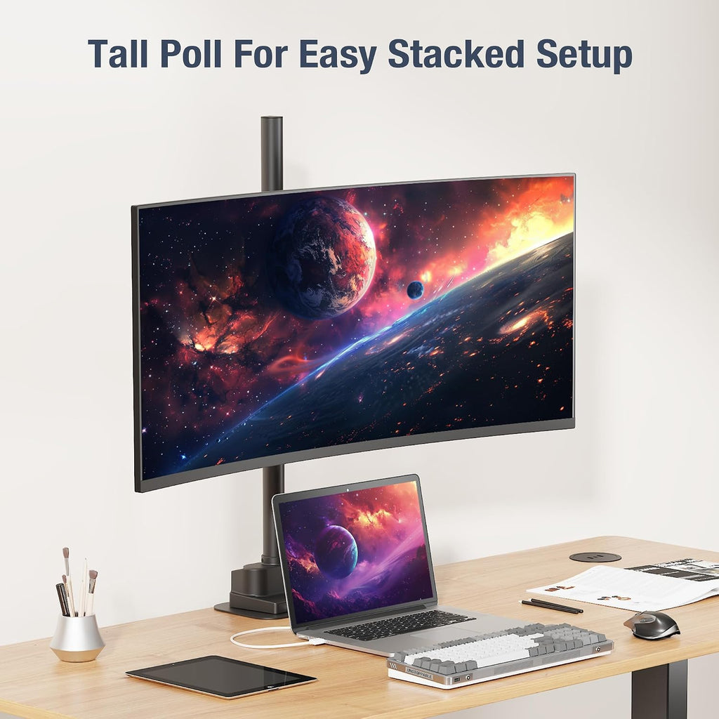 AVLT Single 40 Inch Monitor Arm Pole Top Mount with USB-C&A Ports-Black, Supports 26.4 lbs (12kg), Ultrawide Screen Fit, VESA Compatible, Tilt, Swivel, Rotate, Ergonomic Adjustable Height, Durable