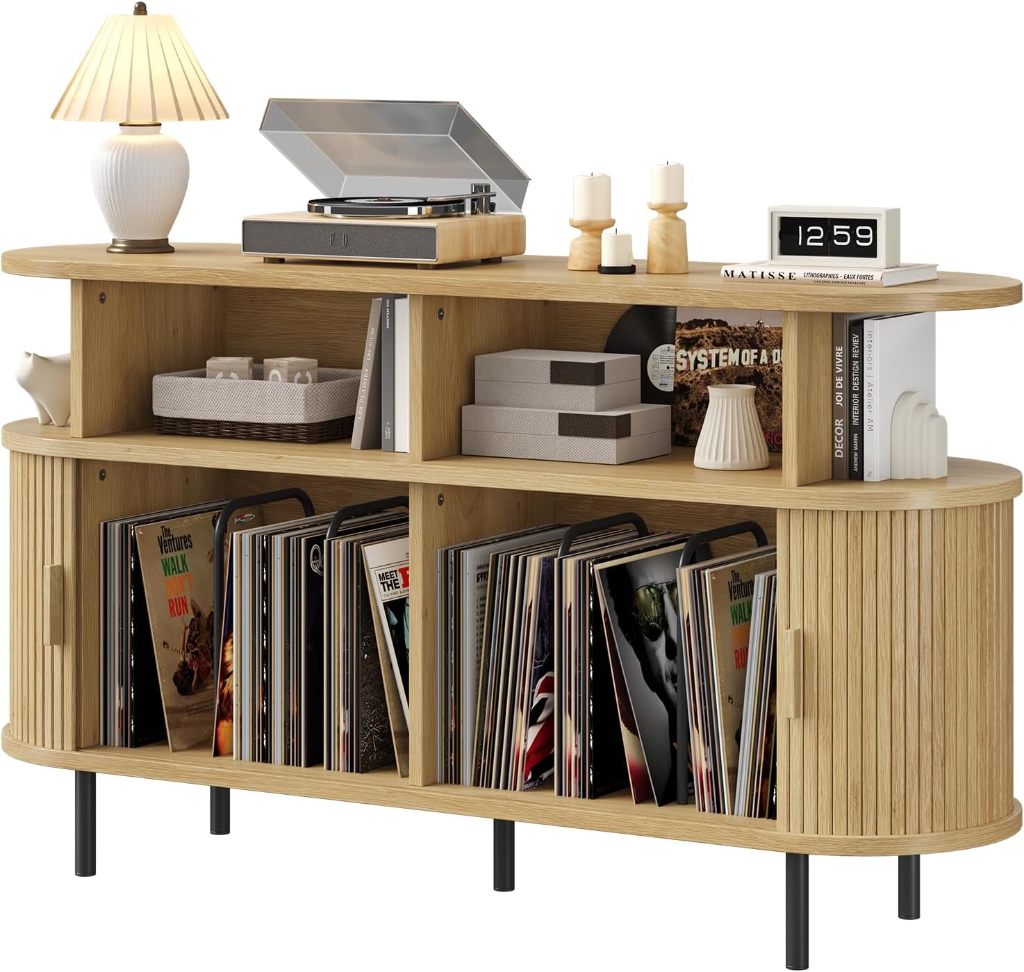 55' Large Round Record Player Stand with Charging Station, Vinyl Record Storage Cabinet, Mid Century Modern Turntable Stand with Open Shelves Holder for Bedroom Living Room, Sliding Doors (Oak)