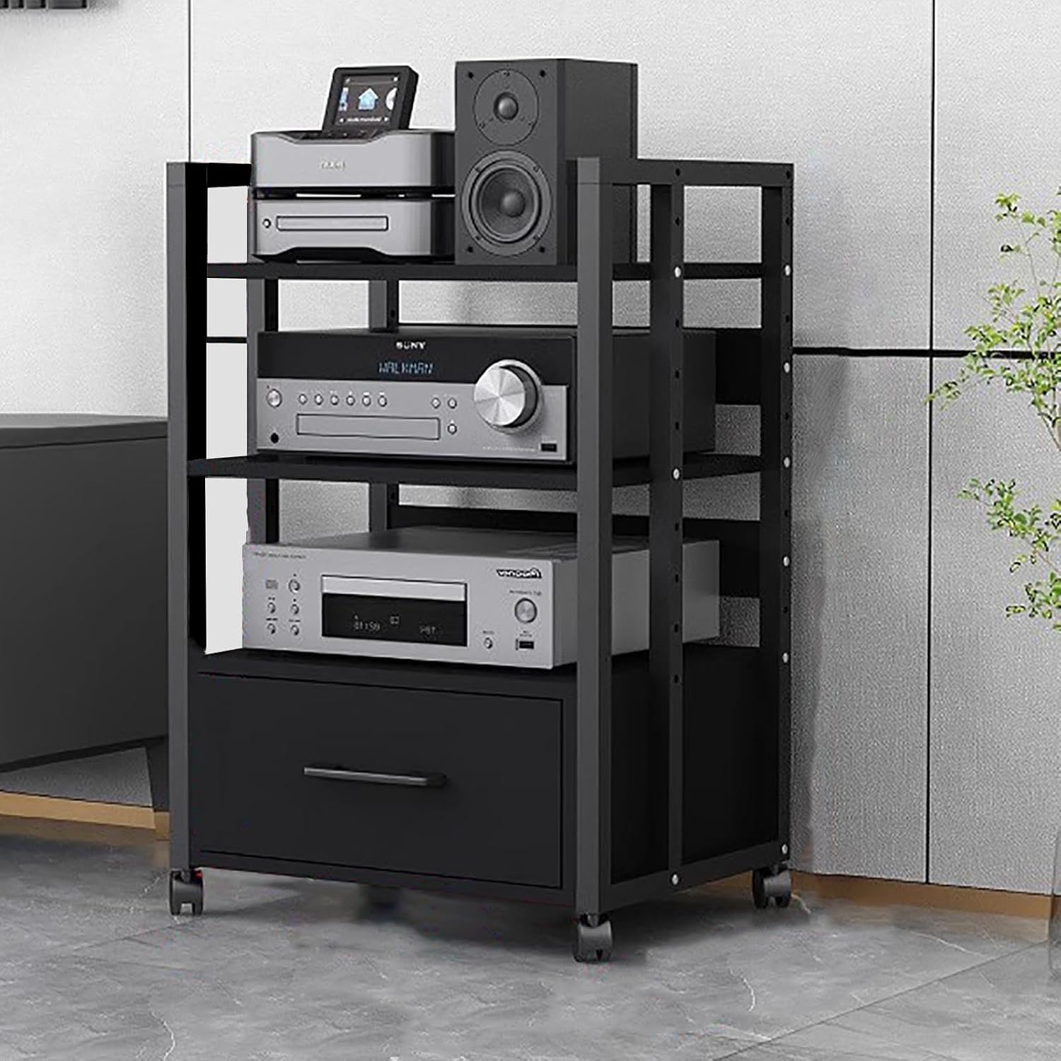 Record Player Audio Cabinet with Drawers & Sliding Wheel, Audio Rack Shelf Organizer for Onkyo Receiver, Equipment Console, Av Component Stand(B,Medium)