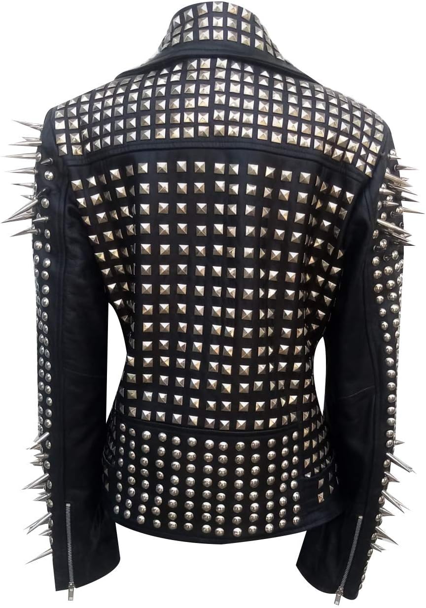 SKY-SELLER Women's Metal Spikes Brando Motorcycle Slim Fit Genuine Leather Coat - Biker Black Studded Leather Jacket