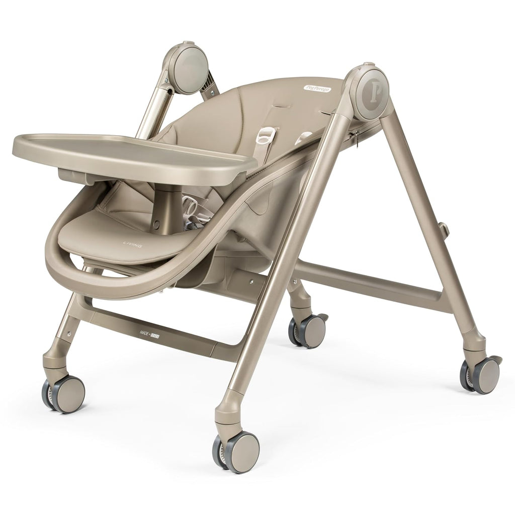 Peg Perego Living, Grow with Baby Folding High Chair & Recliner, Height Adjustable, Quick Clean & Easy Push Wheels for Babies & Toddlers, Made in Italy, Space Sand