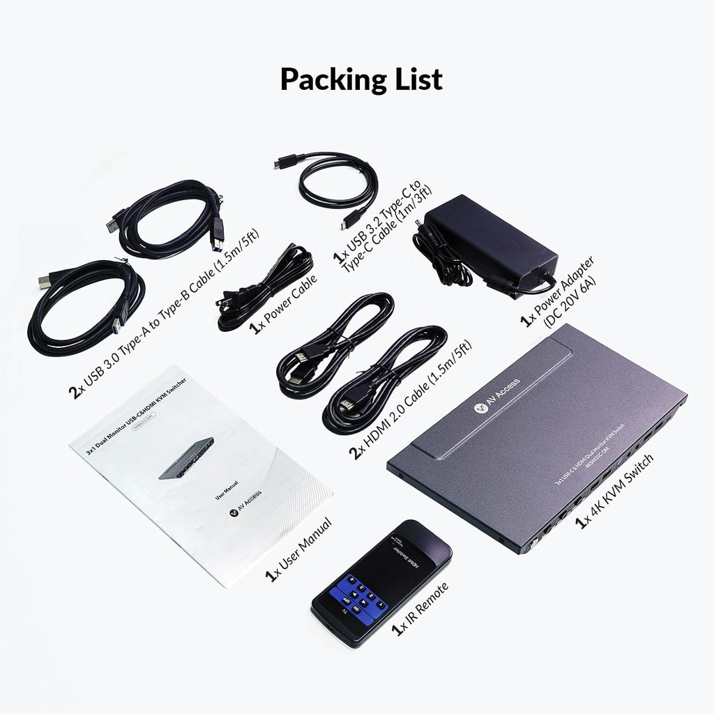 AV Access KVM Switch Dock for a Laptop and 2 Desktop PCs, Dual 4K Monitor USB C Docking Station, Type-C 65W Charging for Laptop, Ethernet, EDID, Hotkey Switch, HDMI, 4K@60Hz, 1080P@240Hz, USB 3.0
