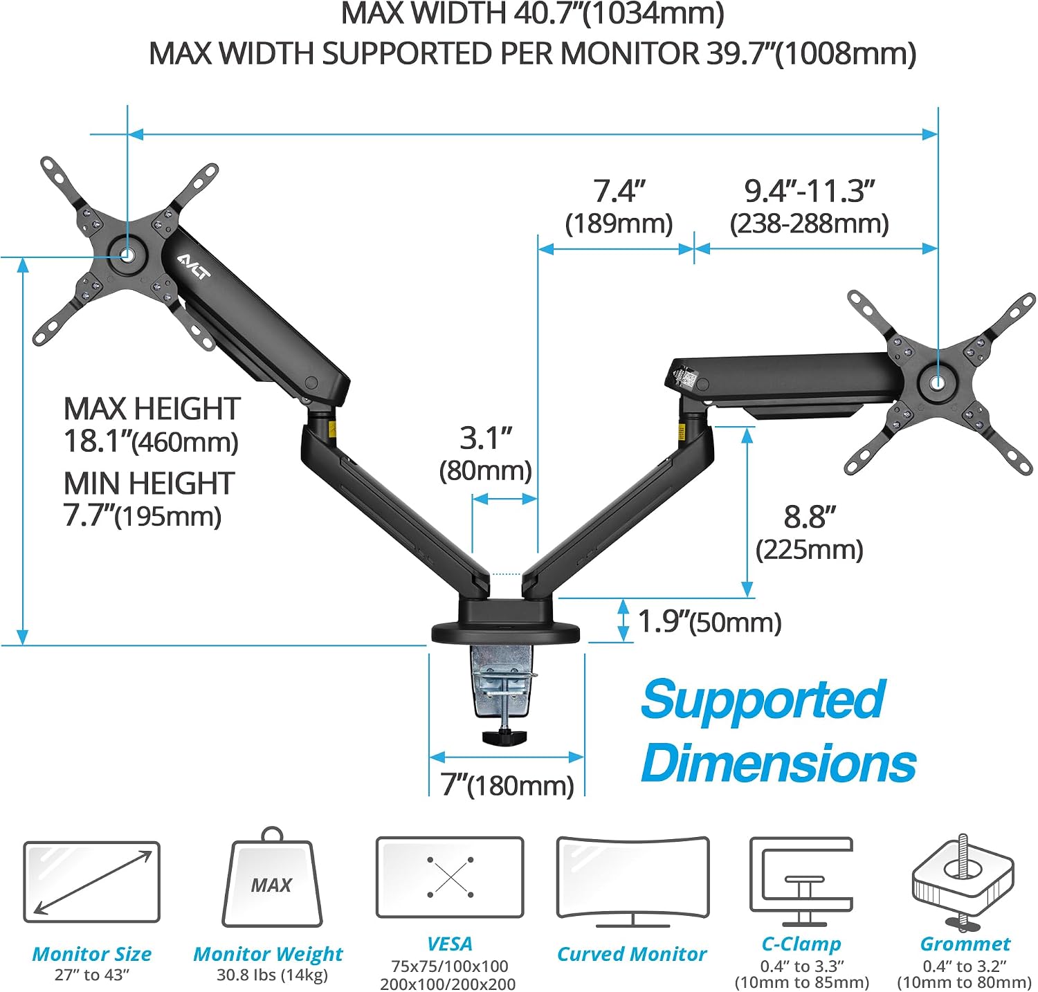 AVLT Dual 27'-43' RGB Gaming Monitor Arm Desk Mount Built-in 20 Lighting Modes Touch Button Control Fits Flat/Curved/Ultrawide Screen Height Swivel Tilt Rotation Adjustable Stand -Black
