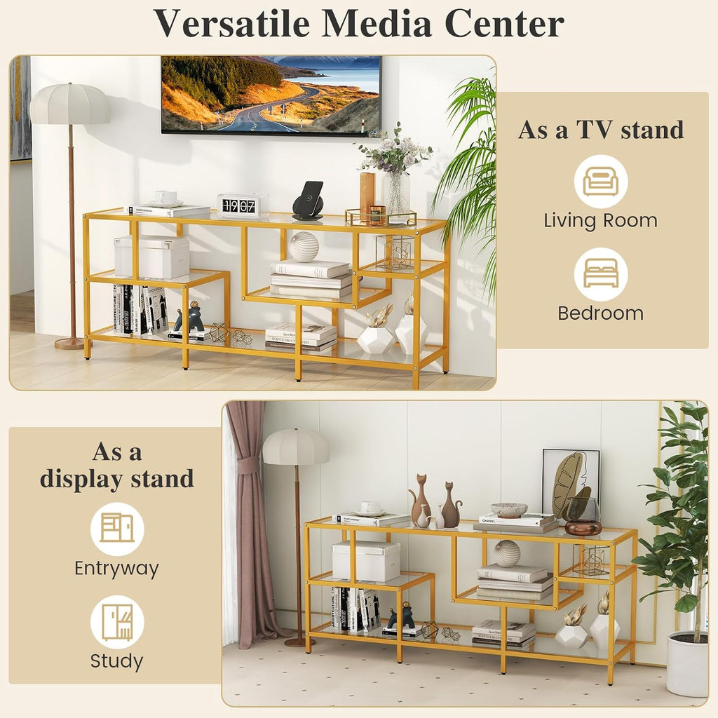 Tangkula Gold TV Stand for TVs up to 65', 58' TV Console Table with Tempered Glass Shelves & Golden Metal Frame, Modern Media Entertainment Center for Living Room & Entryway, Gold (58', Rectangular)