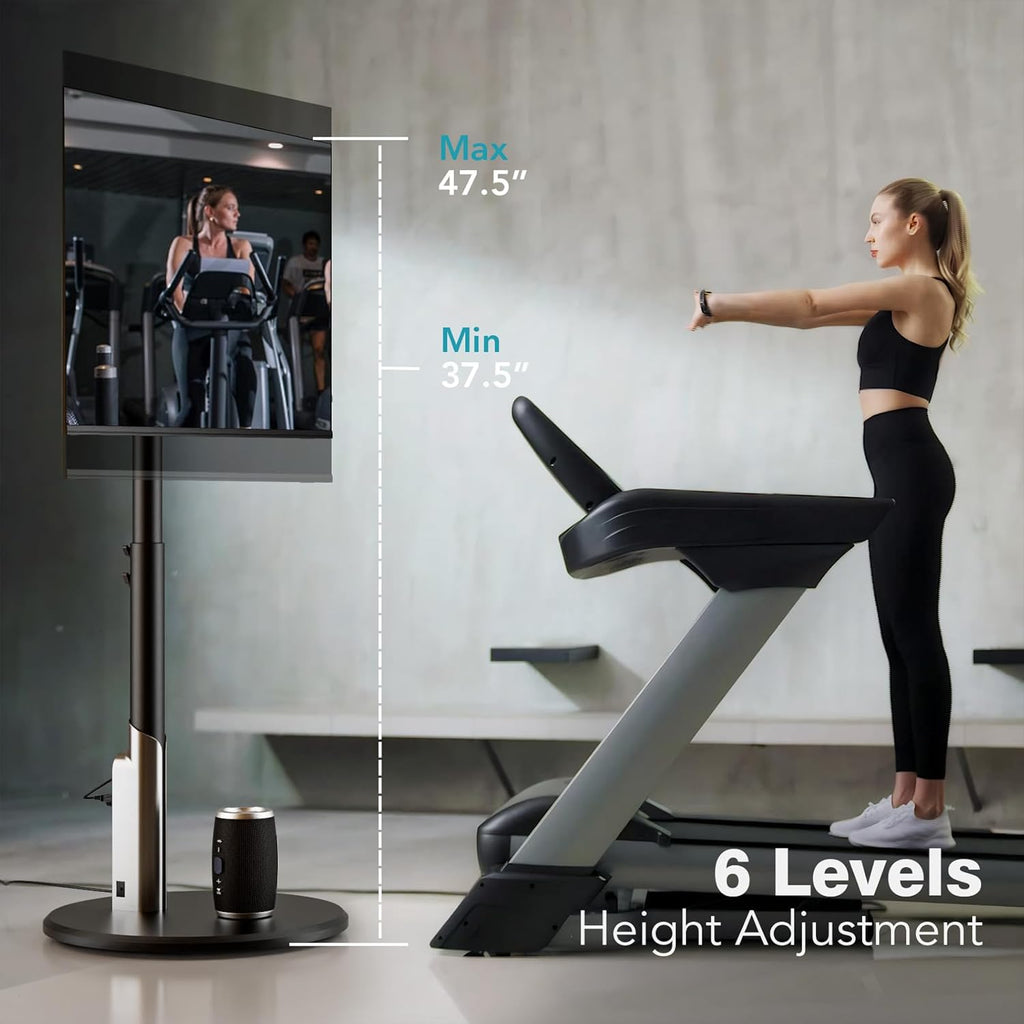 Floor Mobile TV Stand with Power Outlet, Rolling TV Cart for 27-65 Inch OLED LED Monitors, 6 Levels of Height Adjustment, Ambient Lighting on The Bottom Wheels Holds up to 88lbs, 400x400mm