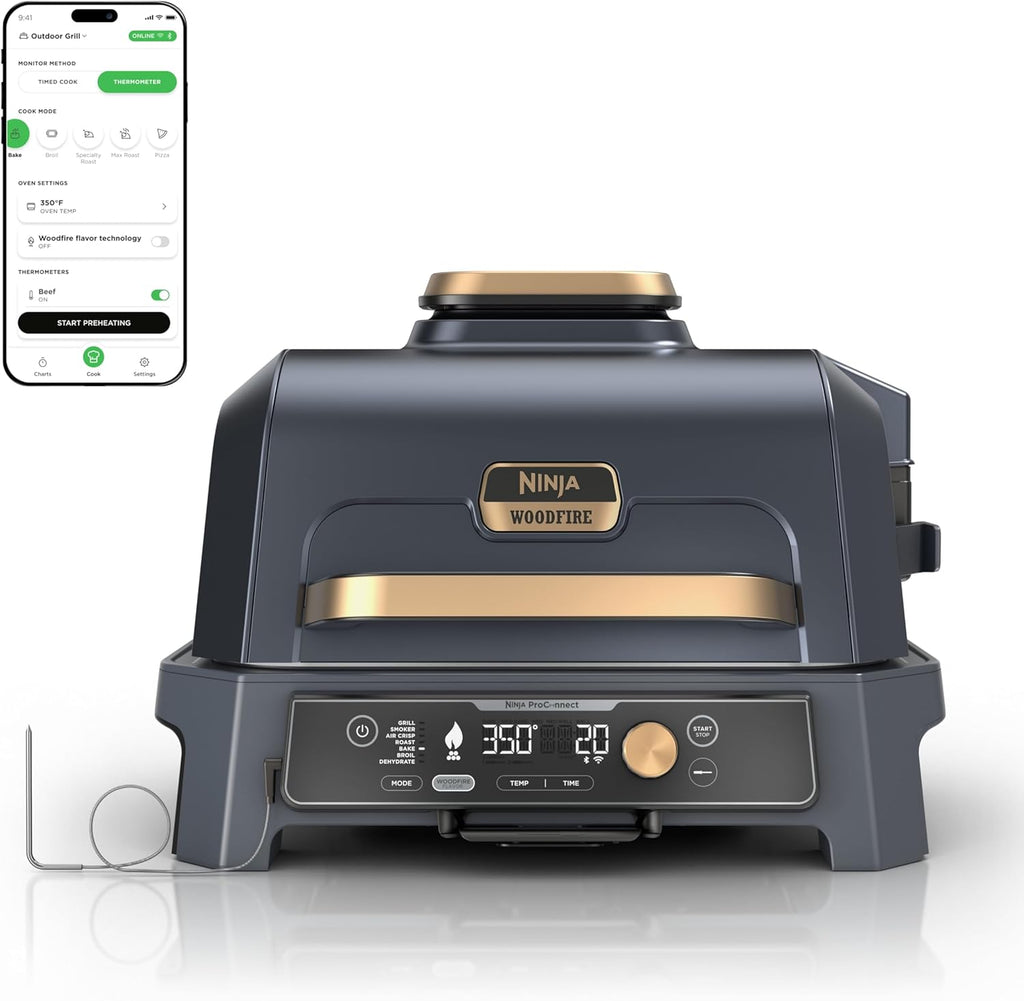 Ninja Woodfire Pro Connect XL Outdoor Grill & Smoker | Bluetooth, App Enabled | 7-in-1 Grill, BBQ Smoker, Outdoor Air Fryer | Woodfire Technology | Built-In Thermometer | Blue & Gold| OG951BL1