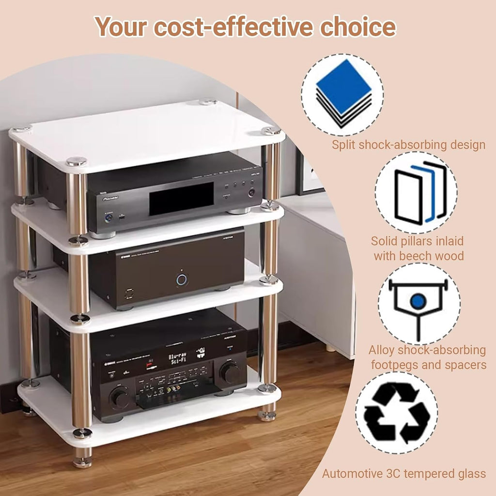 1/2/3/4 Tier AV Video Media Rack Stand,Tempered Glass Panel,Audio Media Storage Cabinet with Stainless Steel Legs,Solid Beech infill,Alloy Shock-Absorbing feet(Black,1-Tier)